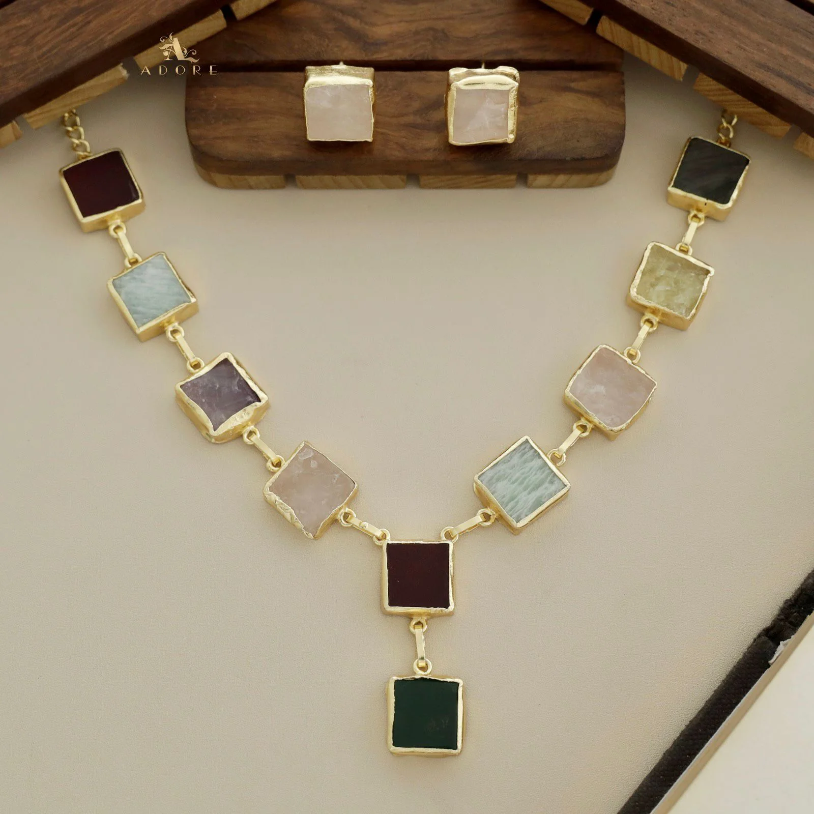 Velora Square Raw Stone Neckpiece With Stud - Image 9