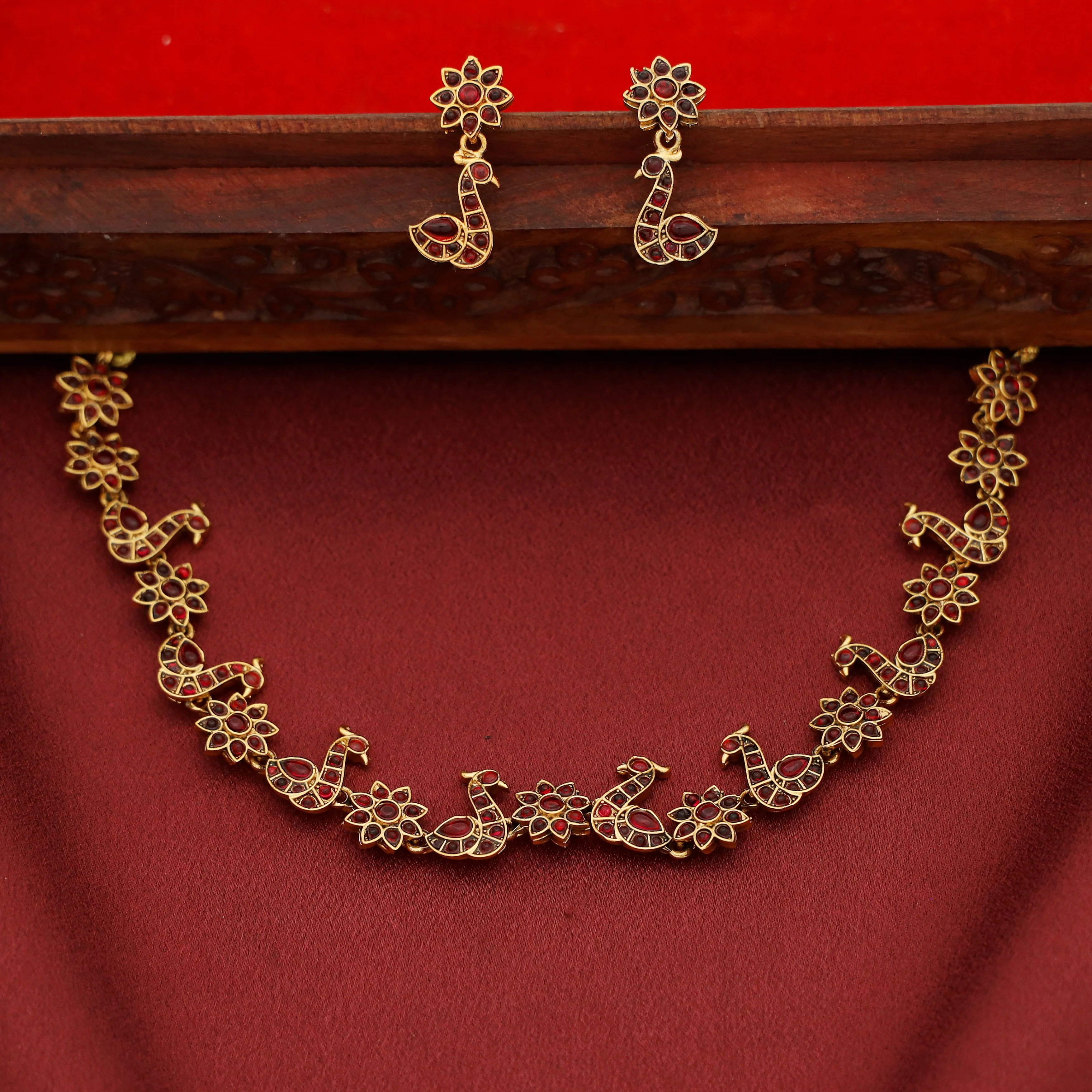 Vidhi Mayura Floral Short Neckpiece With Earring - Image 2