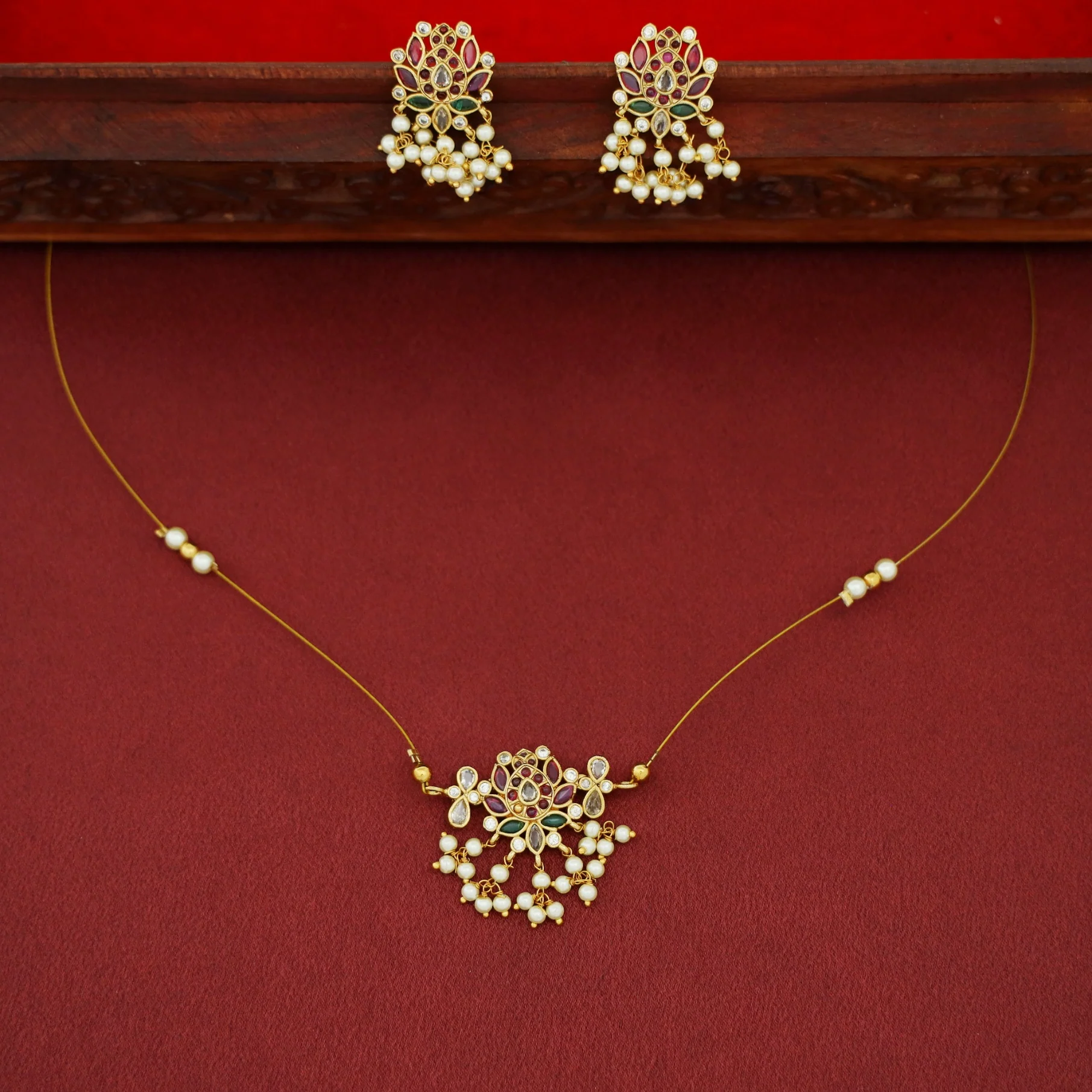 Vishakha Lotus Cluster Pearl String Neckpiece With Earring - Image 2