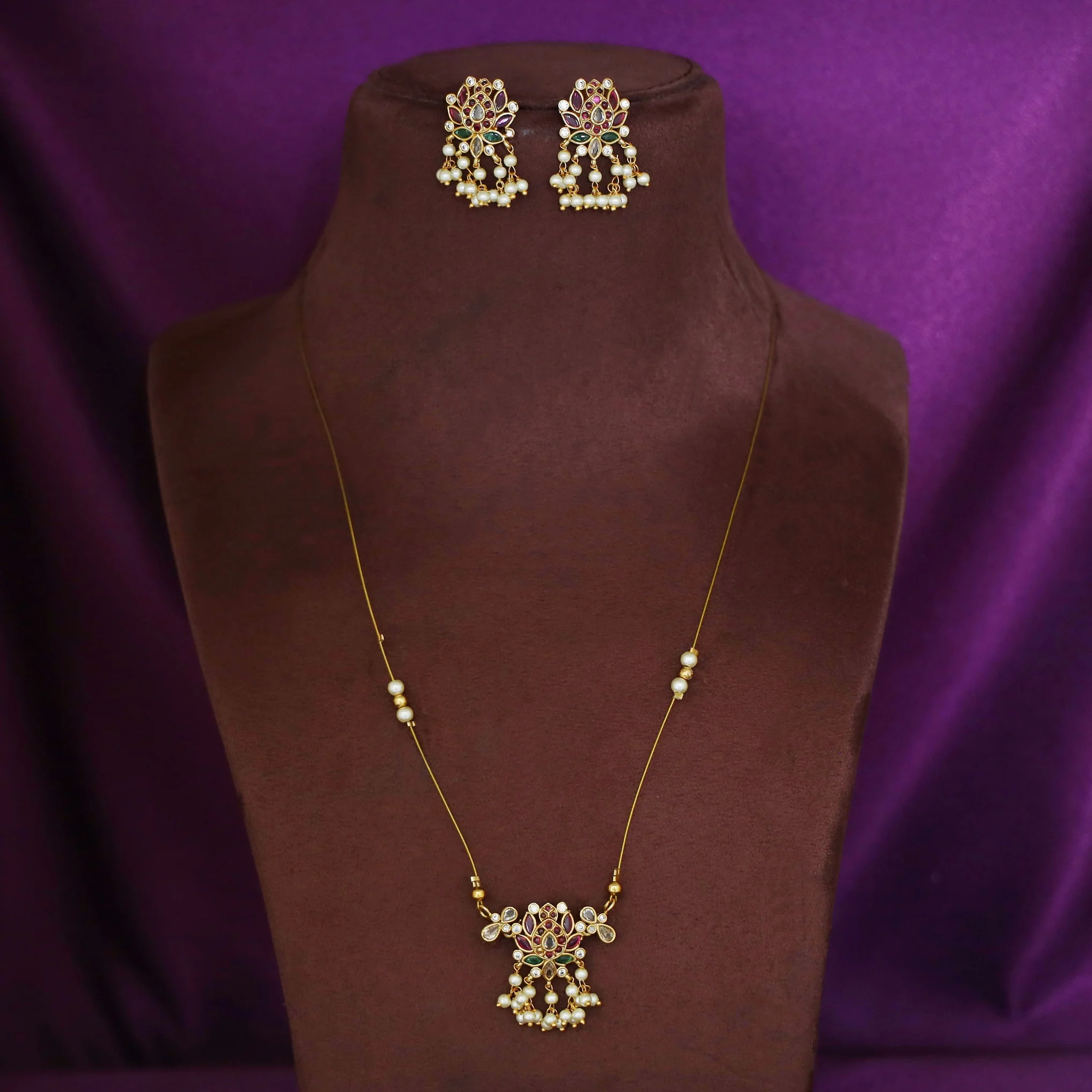 Vishakha Lotus Cluster Pearl String Neckpiece With Earring - Image 3