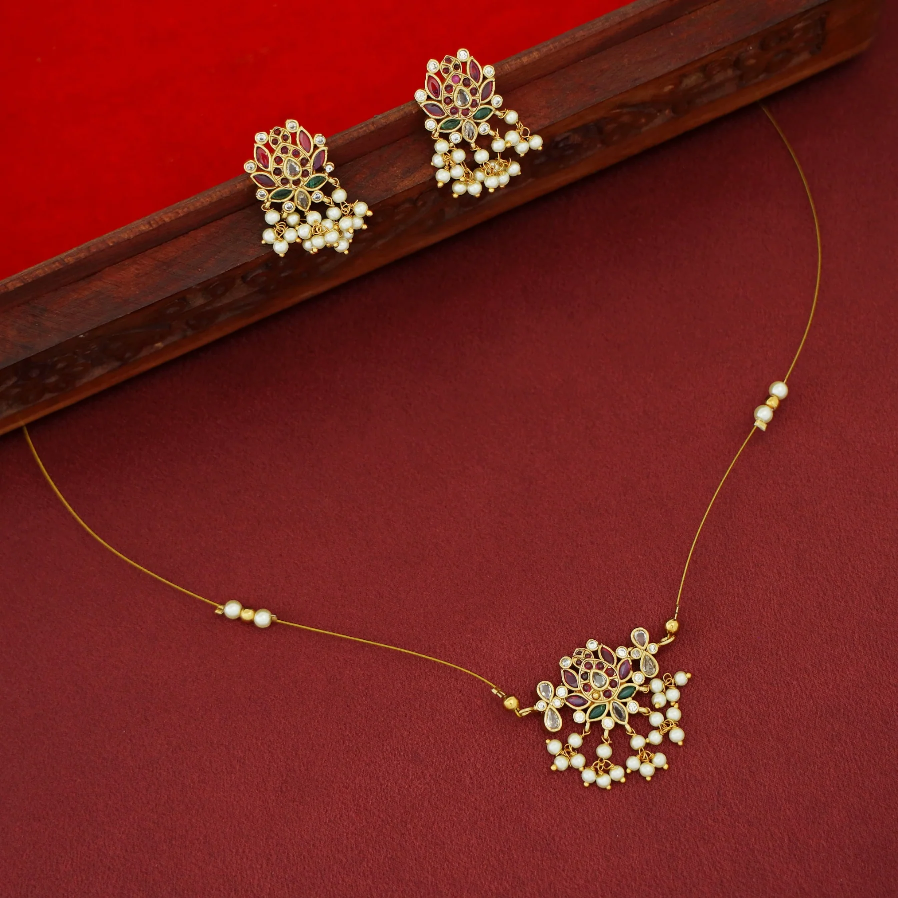 Vishakha Lotus Cluster Pearl String Neckpiece With Earring - Image 4