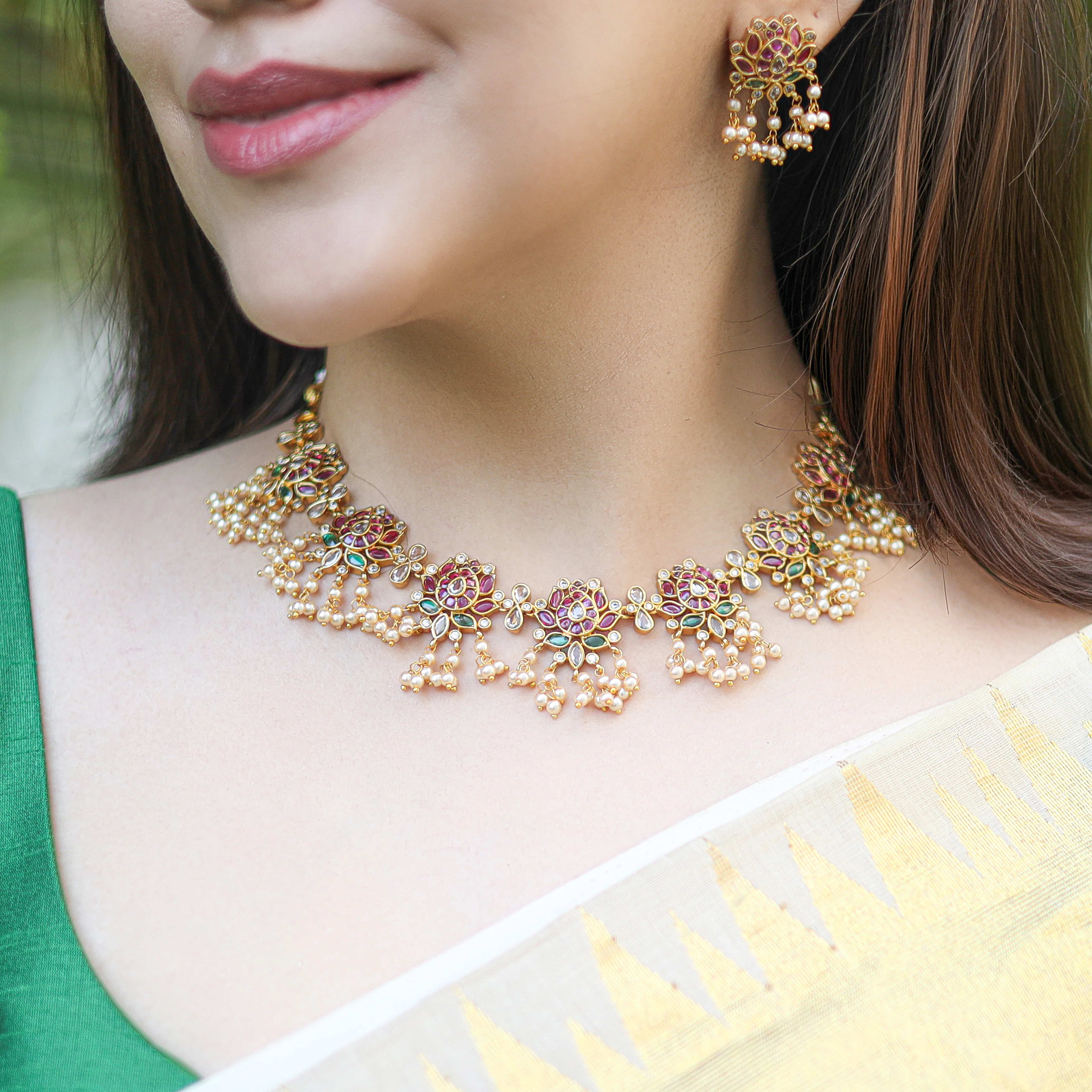 Vishakha Mini Lotus Cluster Pearl Short Neckpiece With Earring - Image 2