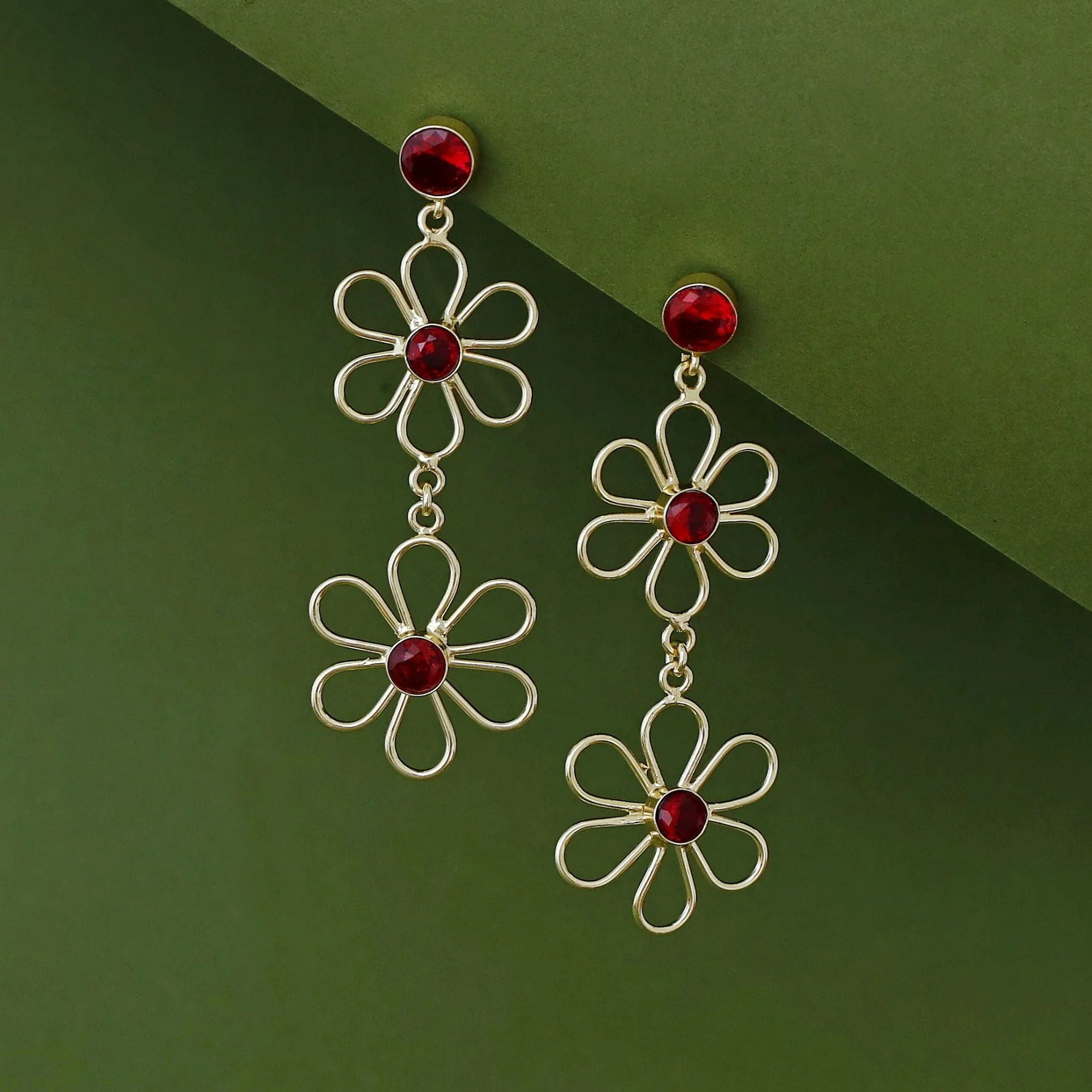 Vivienne Dual Floral Glossy Stone Earring - Image 3