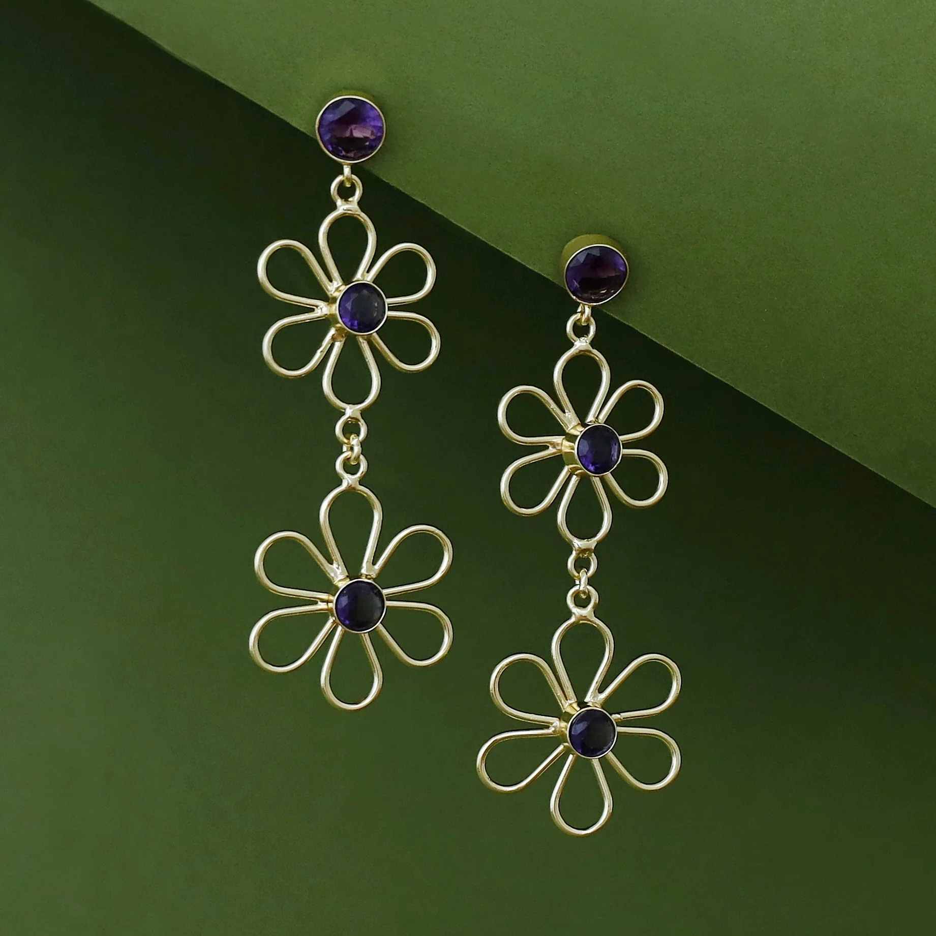 Vivienne Dual Floral Glossy Stone Earring - Image 5