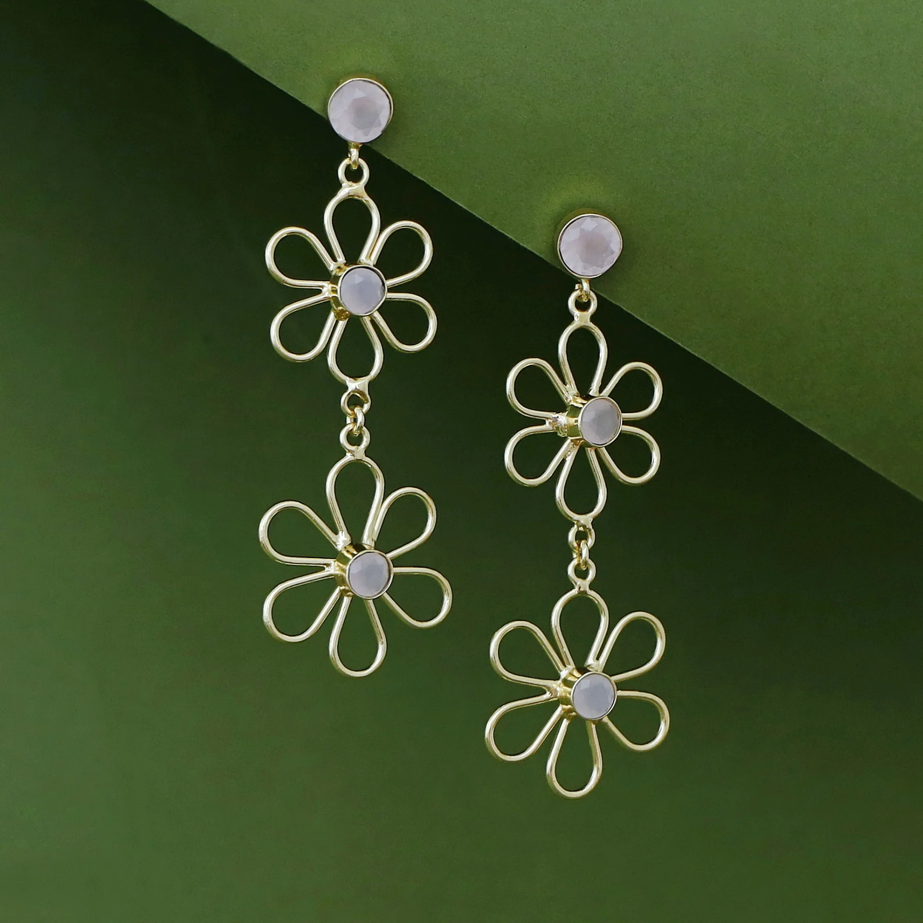Vivienne Dual Floral Glossy Stone Earring - Image 6