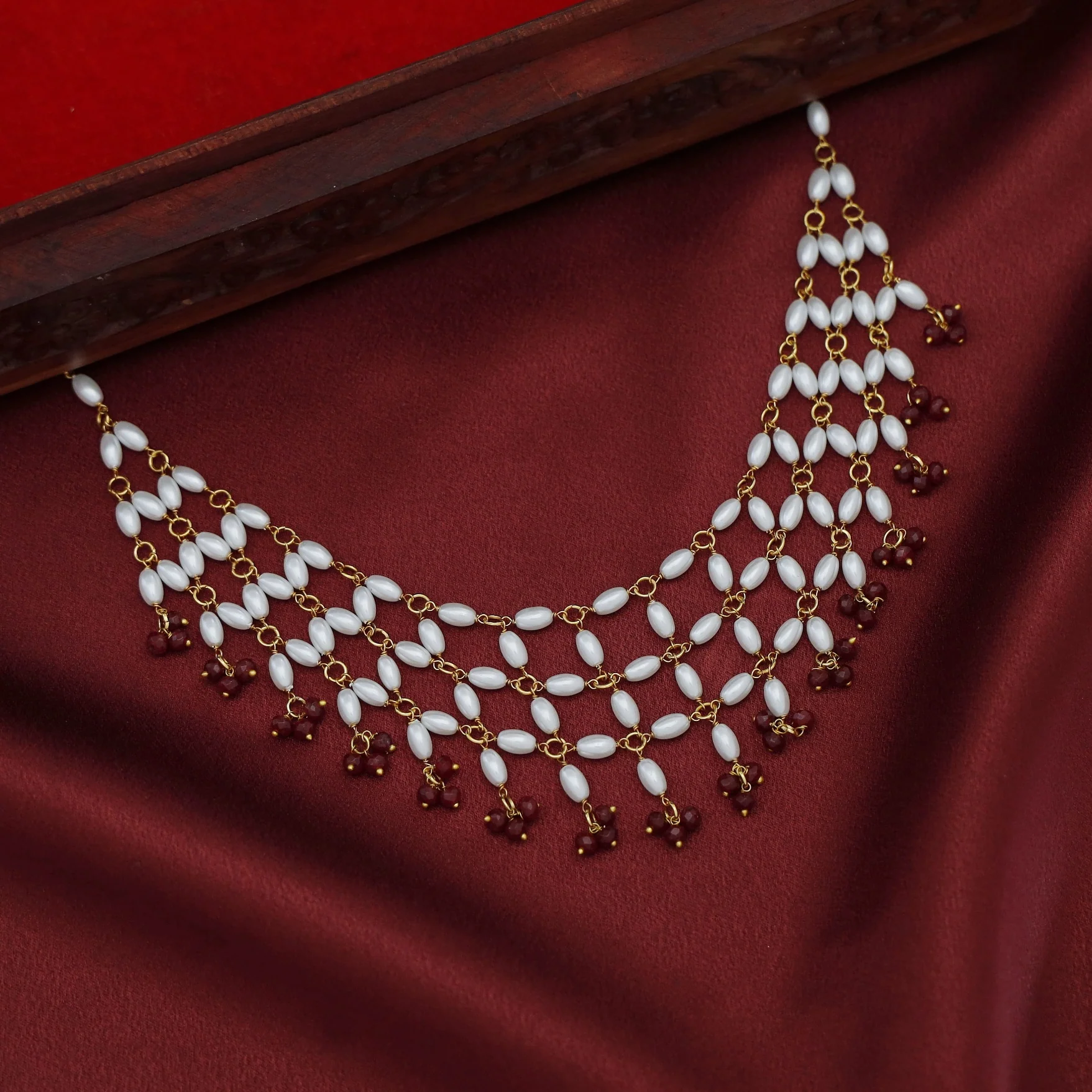 Yakira 3 Layer Rice Pearl Beaded Short Neckpiece - Image 2