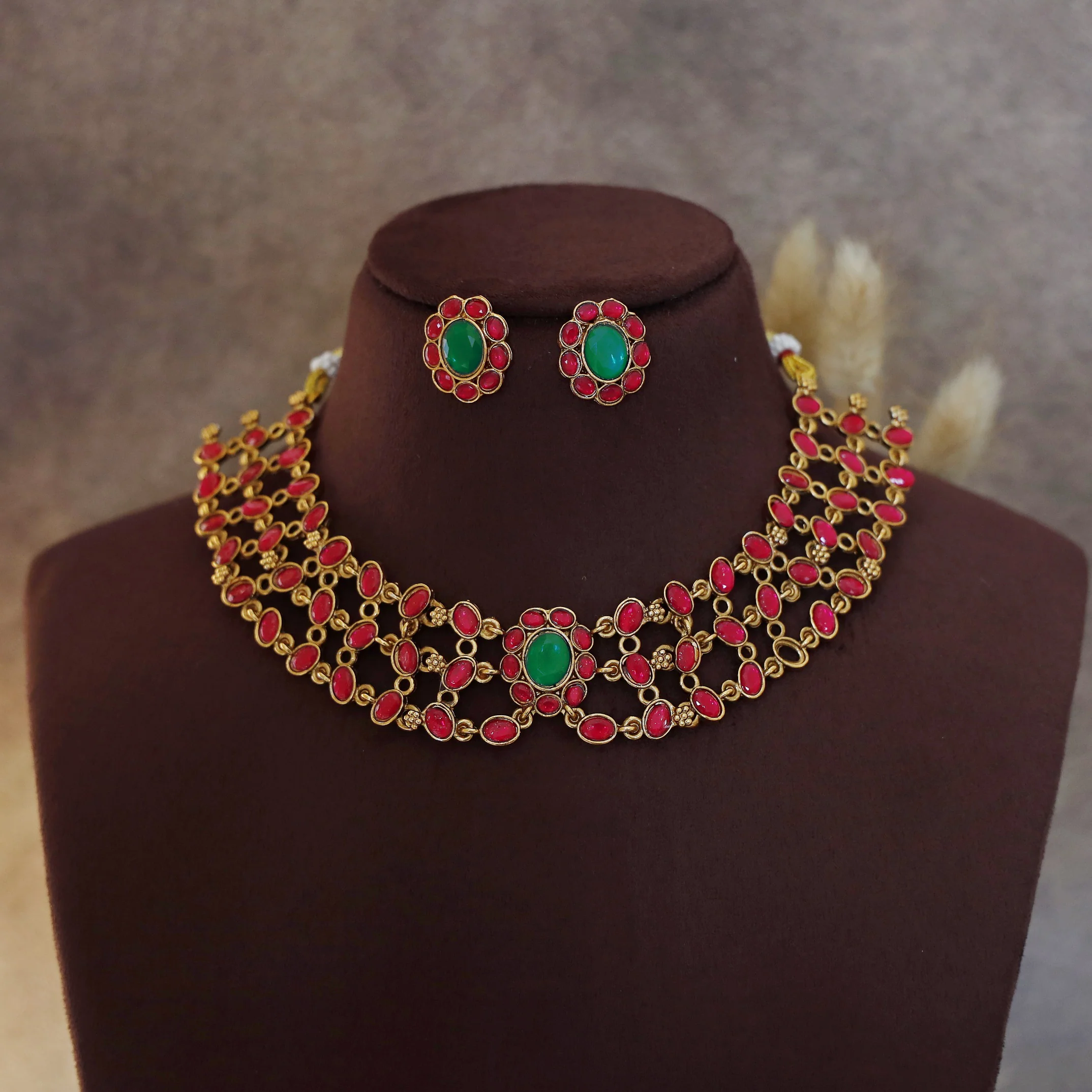 Yamita Golden Multilayer Oval Glossy Floral Short Neckpiece With Stud - Image 2
