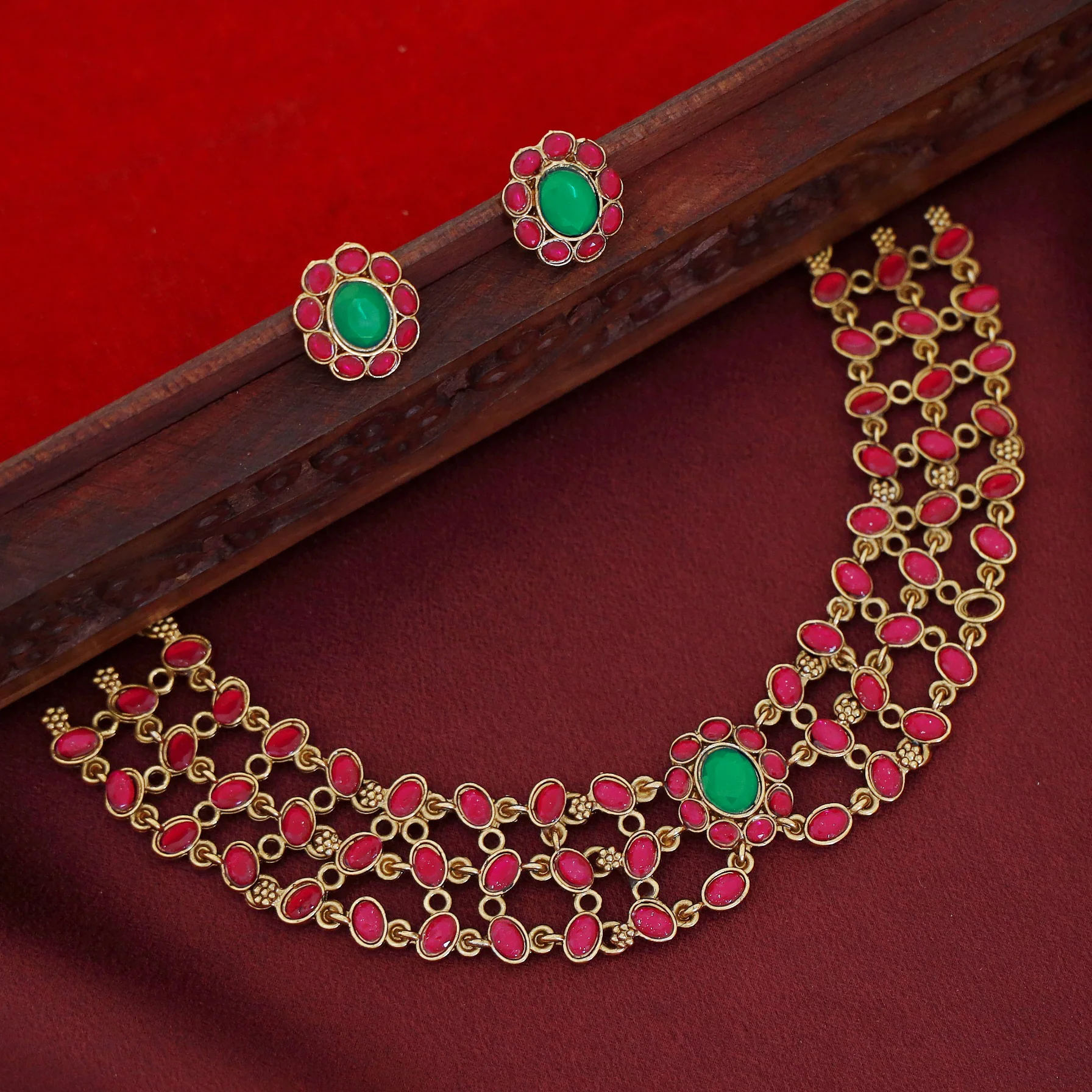 Yamita Golden Multilayer Oval Glossy Floral Short Neckpiece With Stud - Image 3