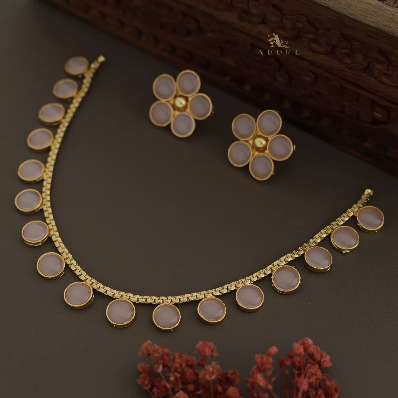 Yashi Glossy Round Neckpiece With Flower Stud (Colour Options) - Image 14