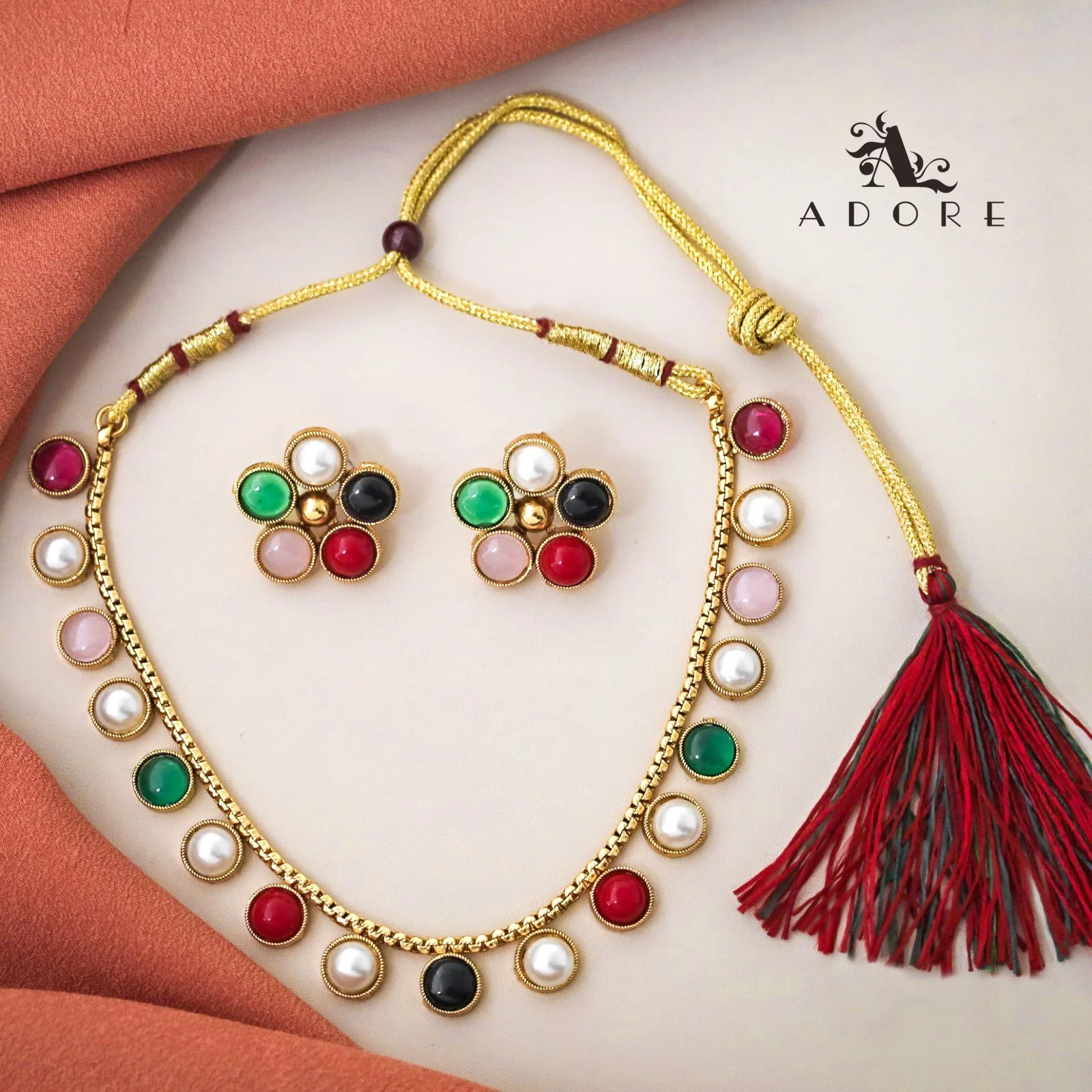 Yashi Glossy Round Neckpiece With Flower Stud (Colour Options) - Image 15
