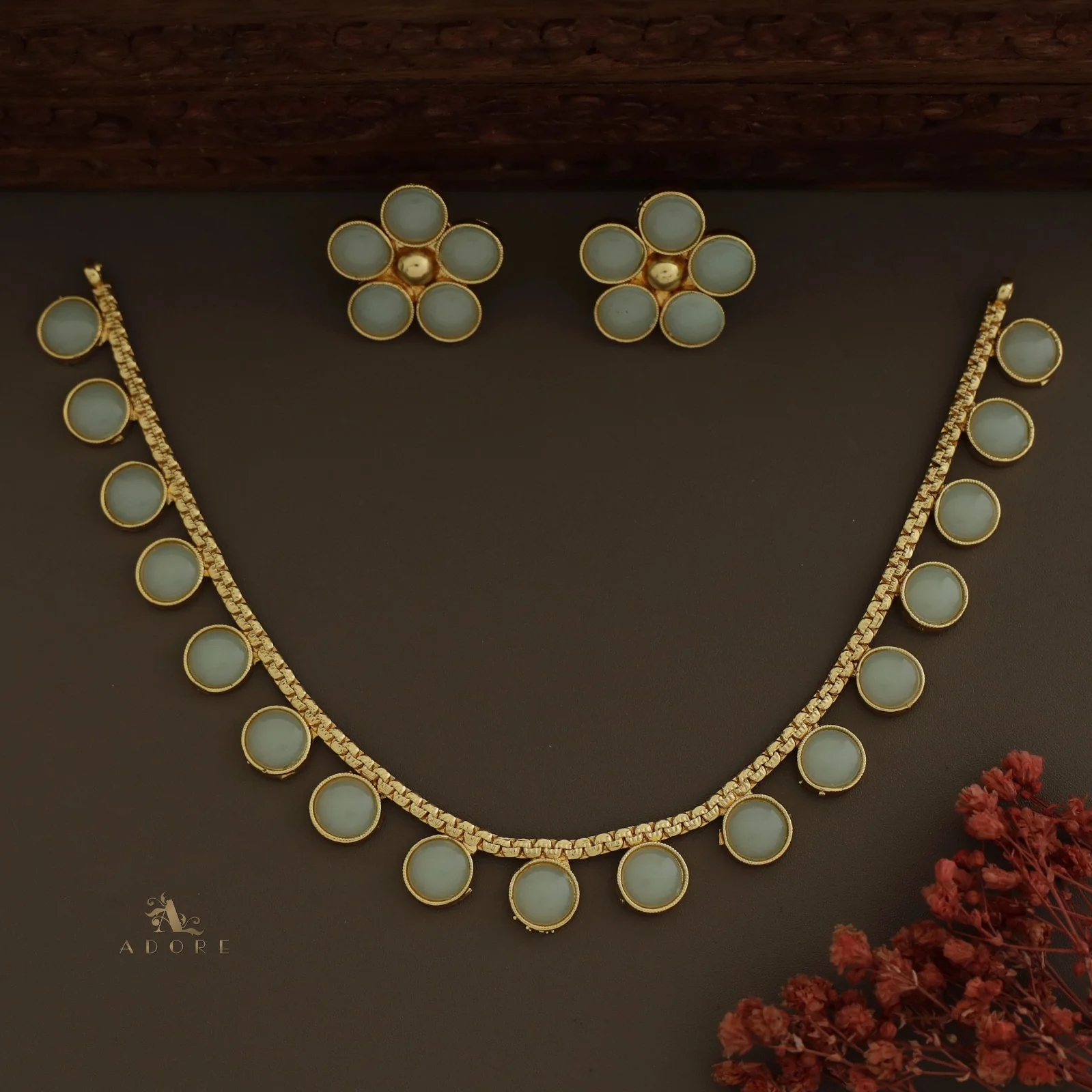 Yashi Glossy Round Neckpiece With Flower Stud (Colour Options) - Image 8