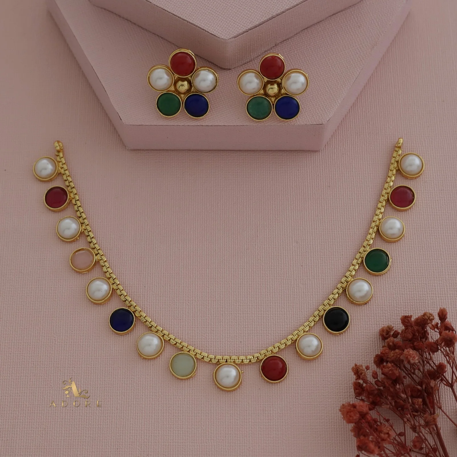 Yashi Glossy Round Neckpiece With Flower Stud (Colour Options) - Image 9