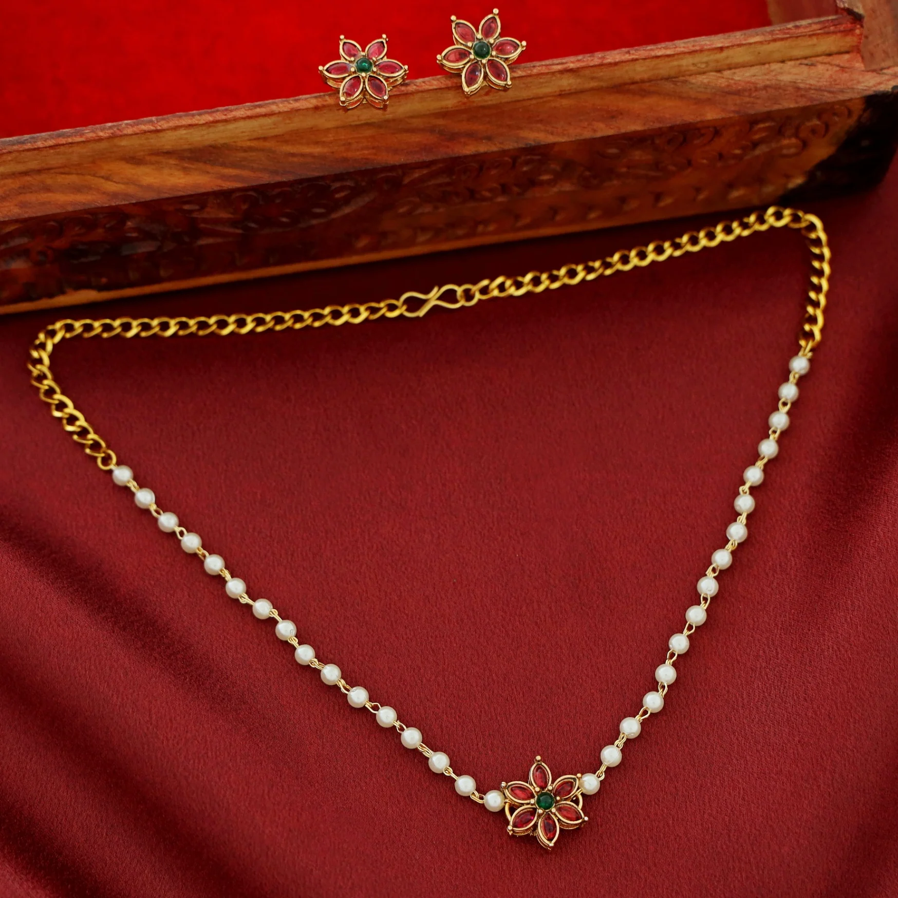 Yashvitha Flower Pearl Choker with Earring - Image 4