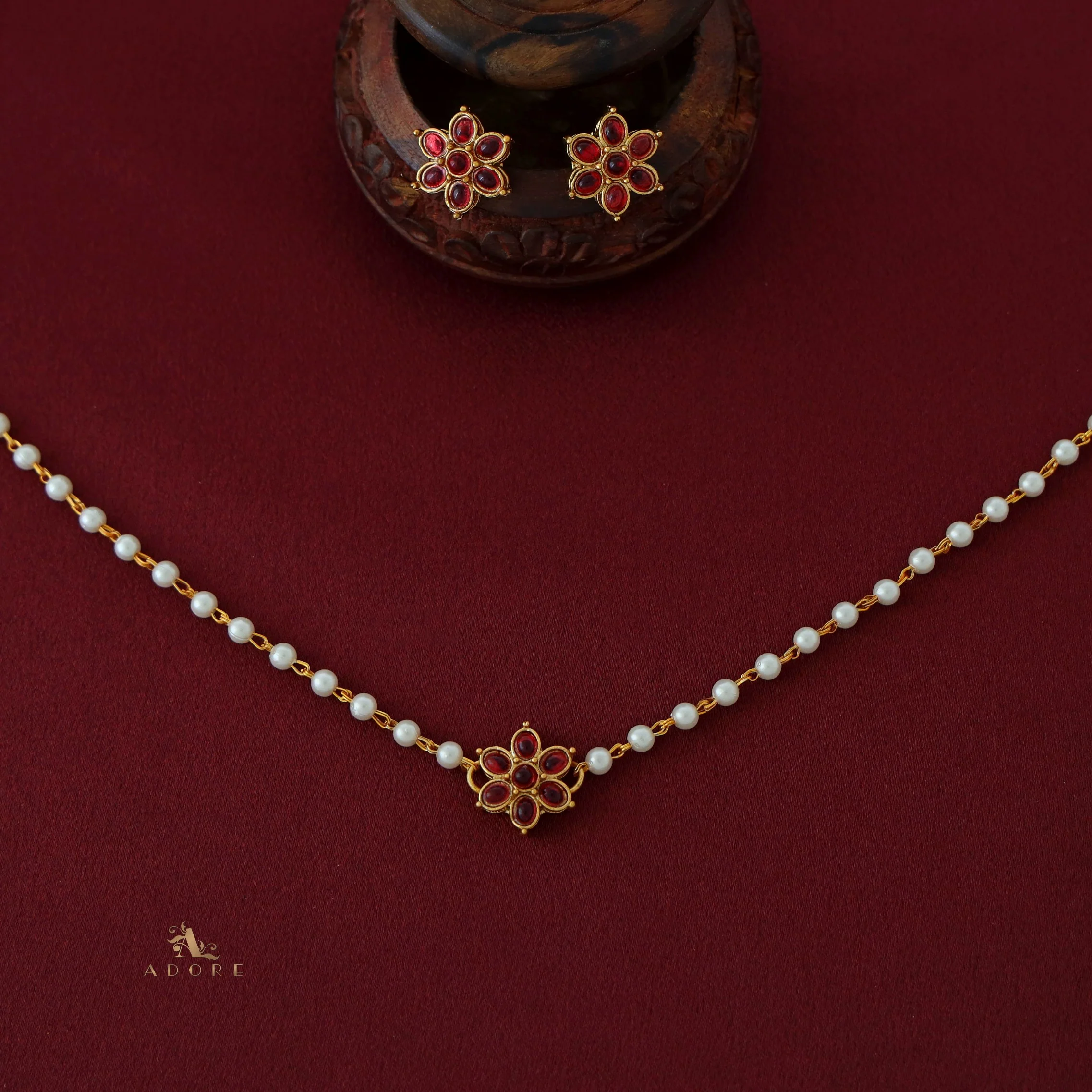 Yashvitha Flower Pearl Choker with Earring - Image 8