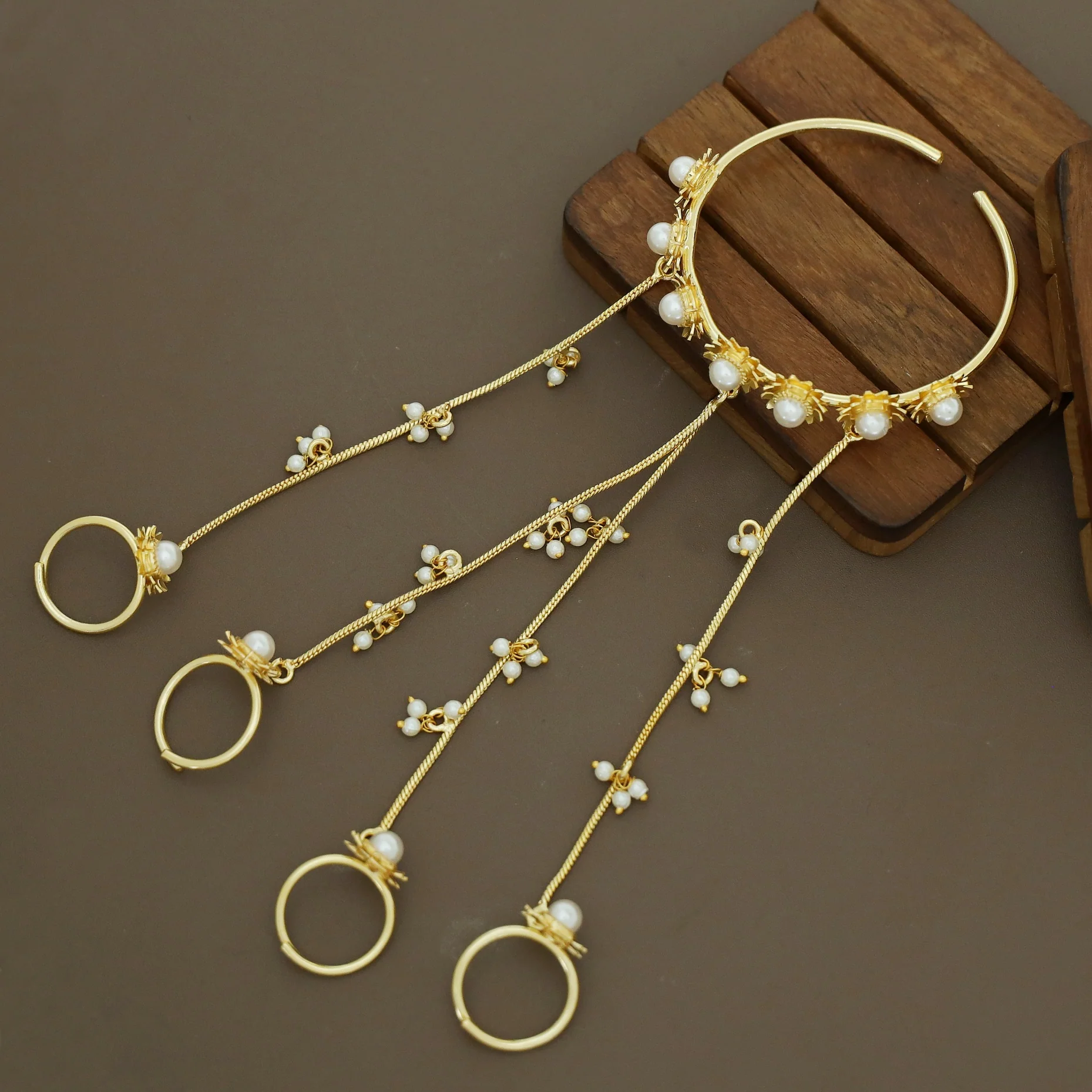 Yasmin Golden Flower Pearl Hathphool ( One Hand Only) - Image 3