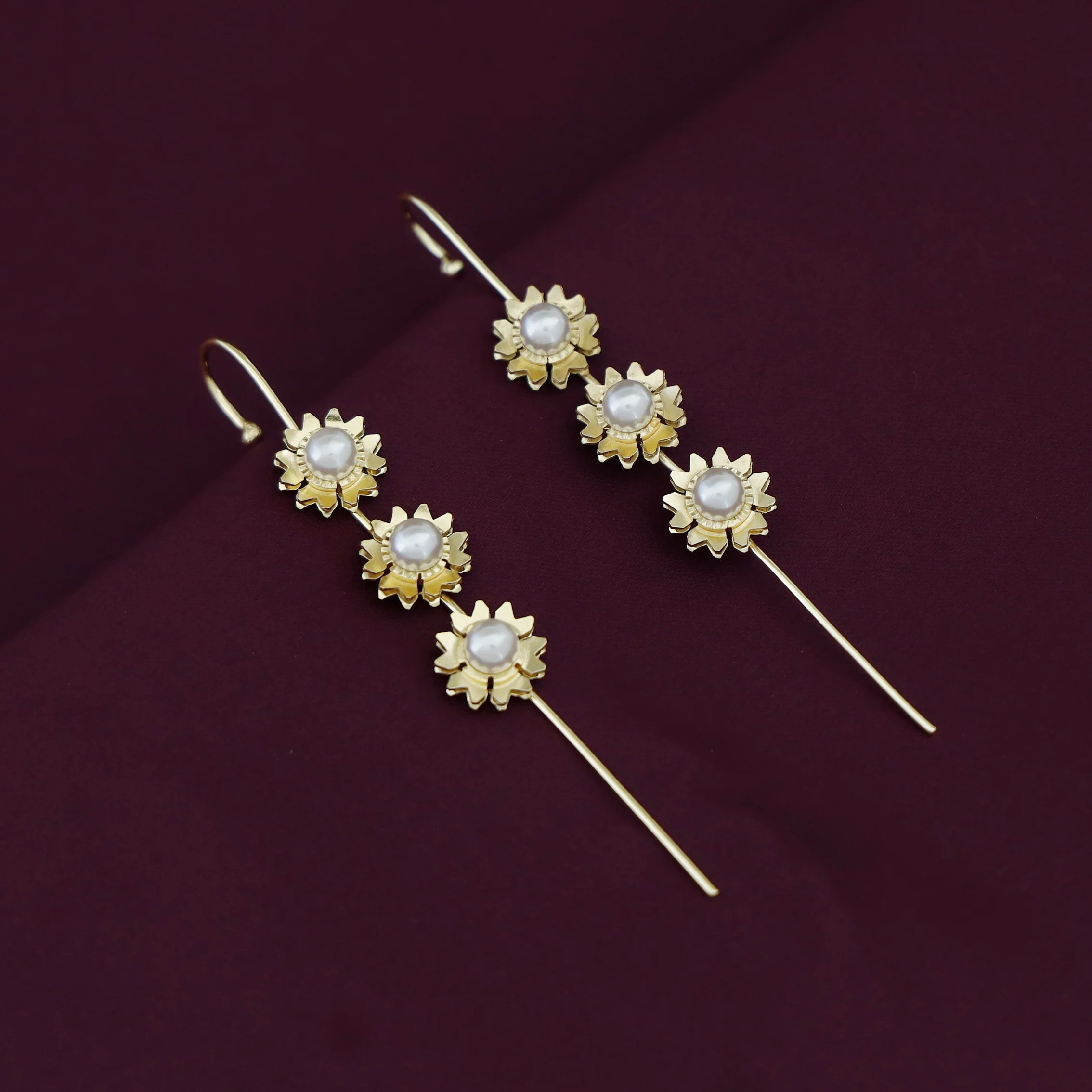 Yasmin Golden Tri Flower Pearl Ear - Cuff (Set Of 2) - Image 2