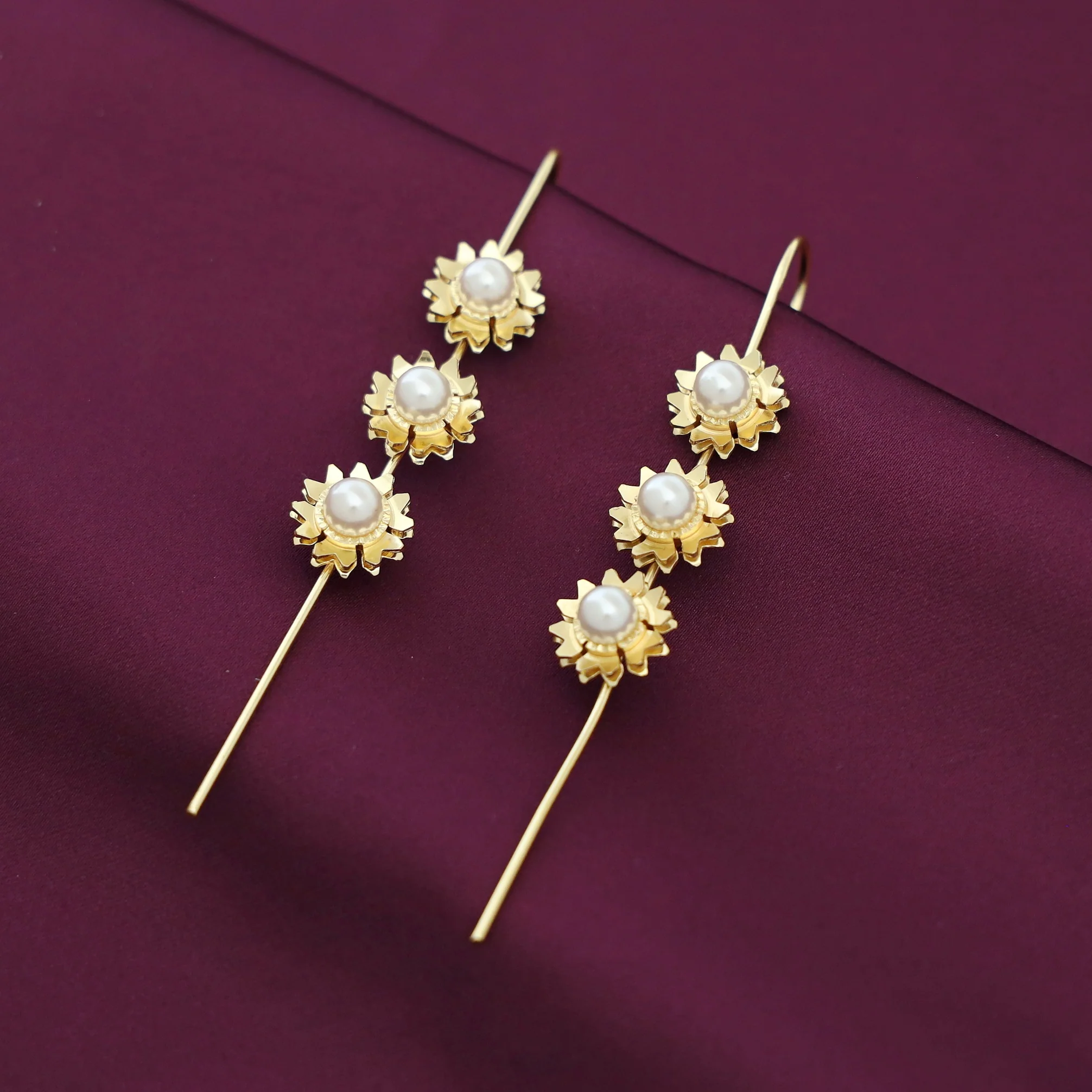 Yasmin Golden Tri Flower Pearl Ear - Cuff (Set Of 2) - Image 3