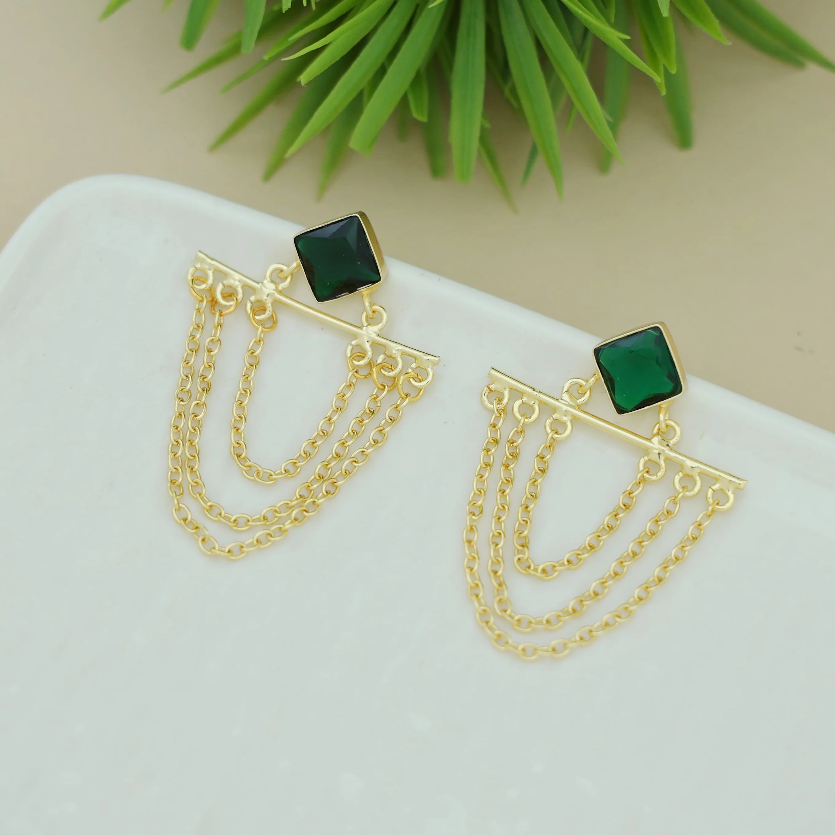 Yuza Golden 3 Layer Chain Diamond Glossy Stone Earring - Image 2