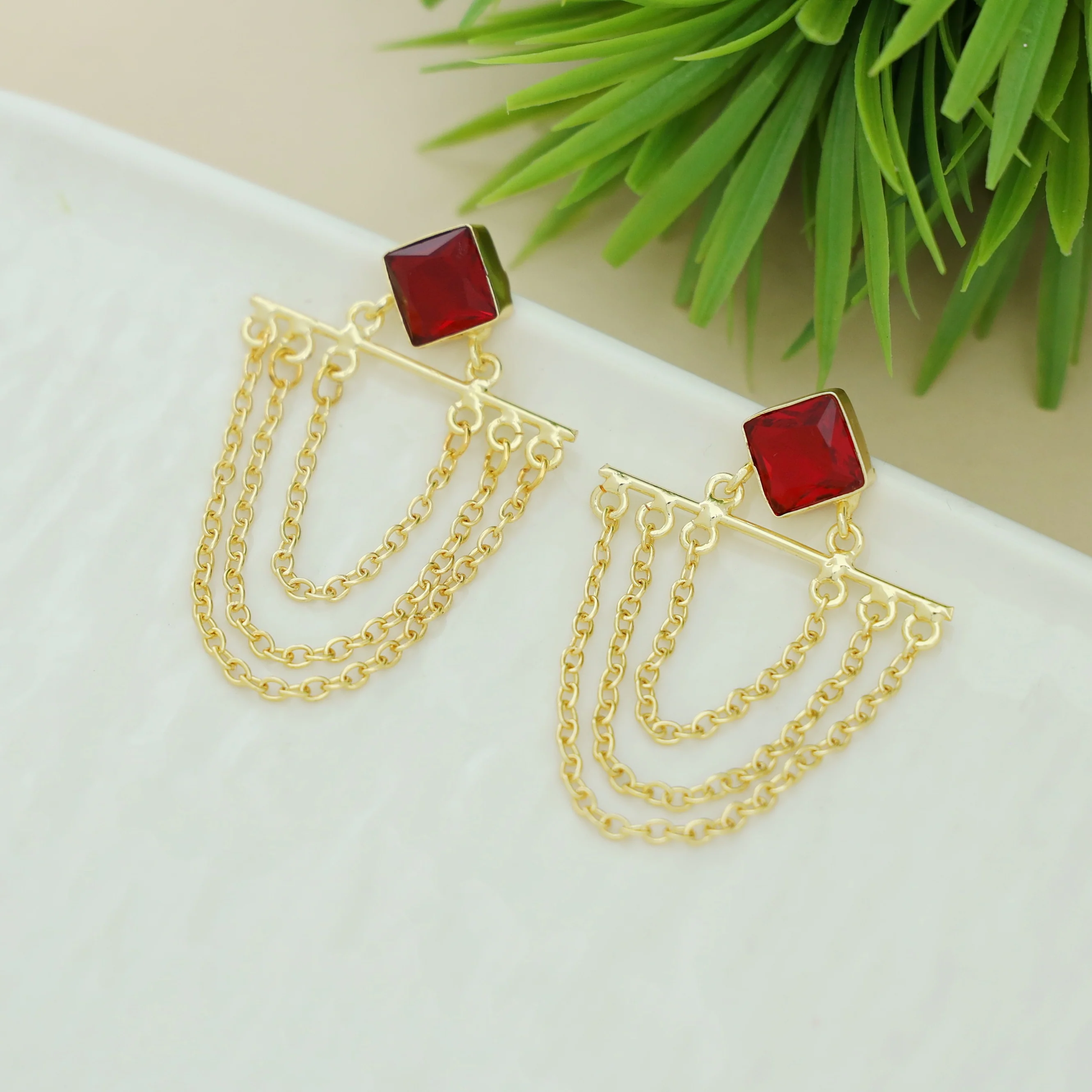 Yuza Golden 3 Layer Chain Diamond Glossy Stone Earring - Image 3