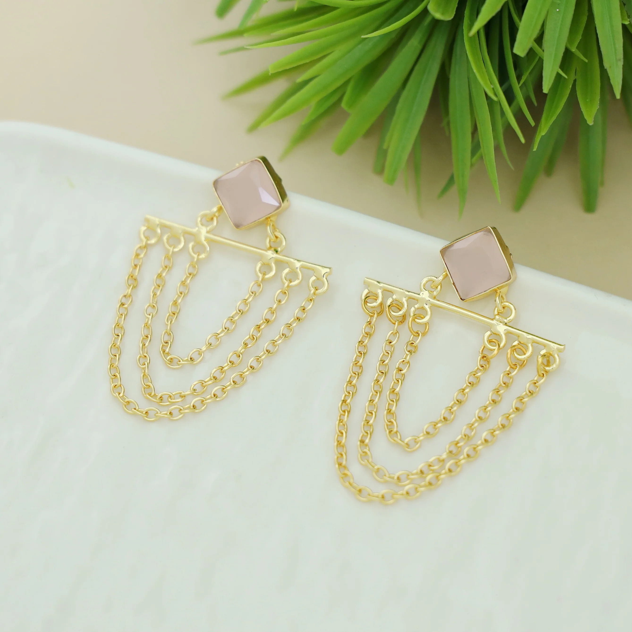 Yuza Golden 3 Layer Chain Diamond Glossy Stone Earring - Image 6