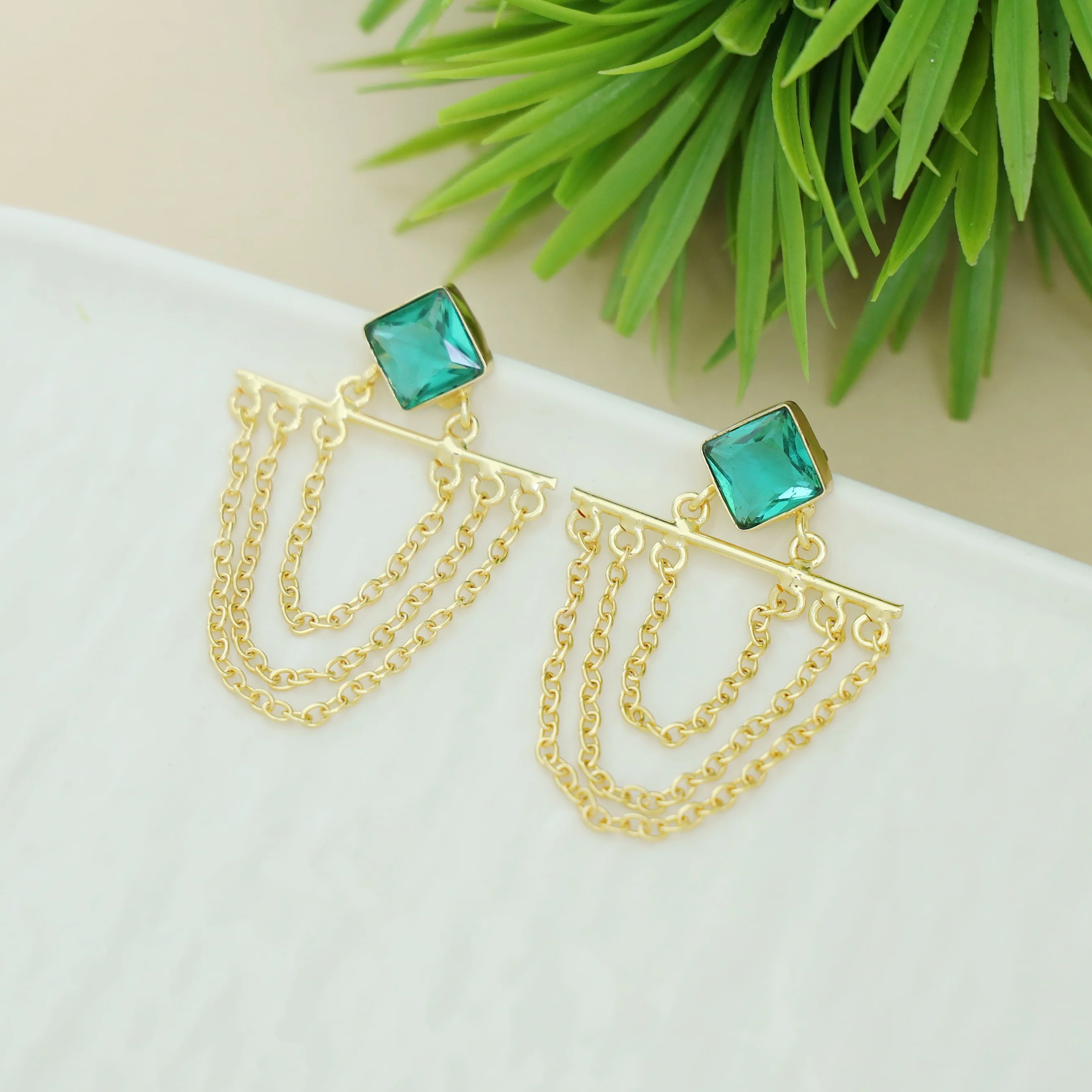 Yuza Golden 3 Layer Chain Diamond Glossy Stone Earring - Image 7
