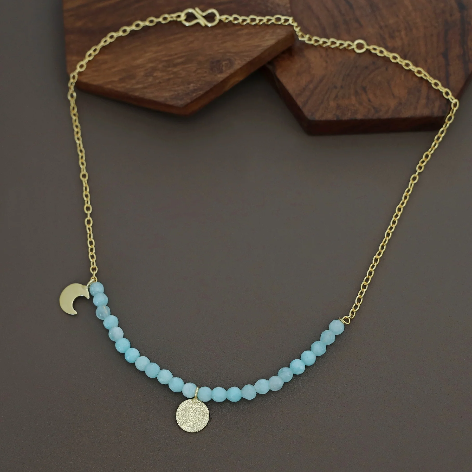 Zahrah Golden Textured Circle Moon And Star Beaded Neckpiece - Image 10