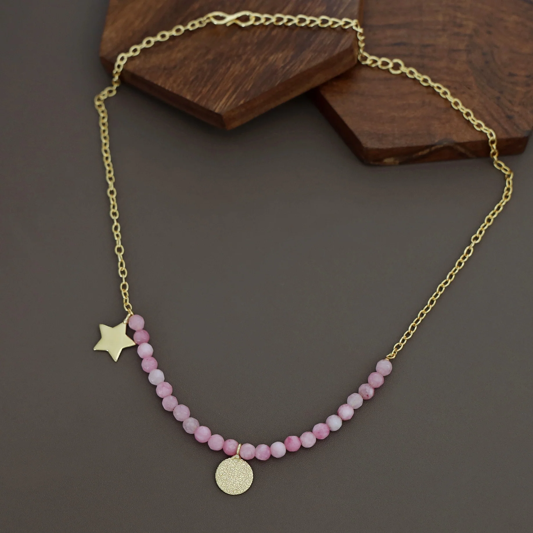 Zahrah Golden Textured Circle Moon And Star Beaded Neckpiece - Image 11