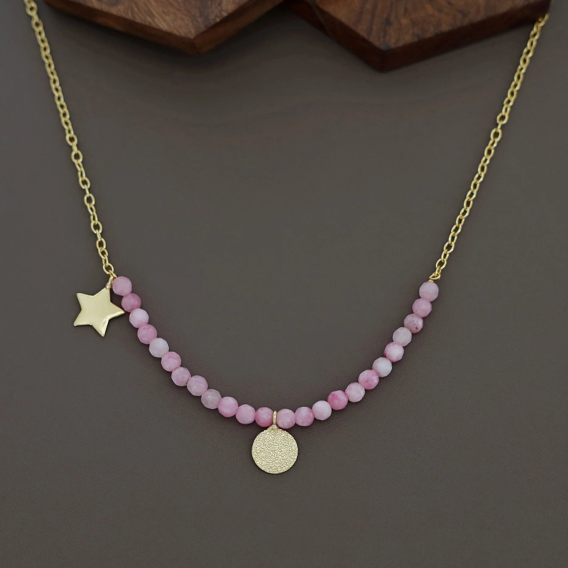 Zahrah Golden Textured Circle Moon And Star Beaded Neckpiece - Image 12