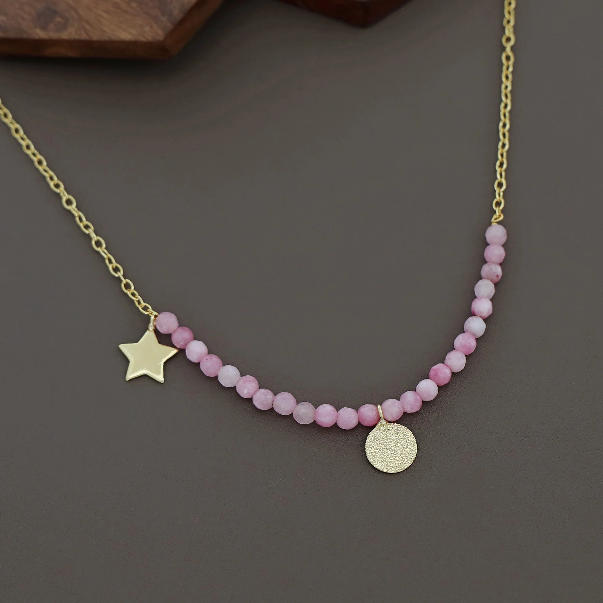 Zahrah Golden Textured Circle Moon And Star Beaded Neckpiece - Image 13