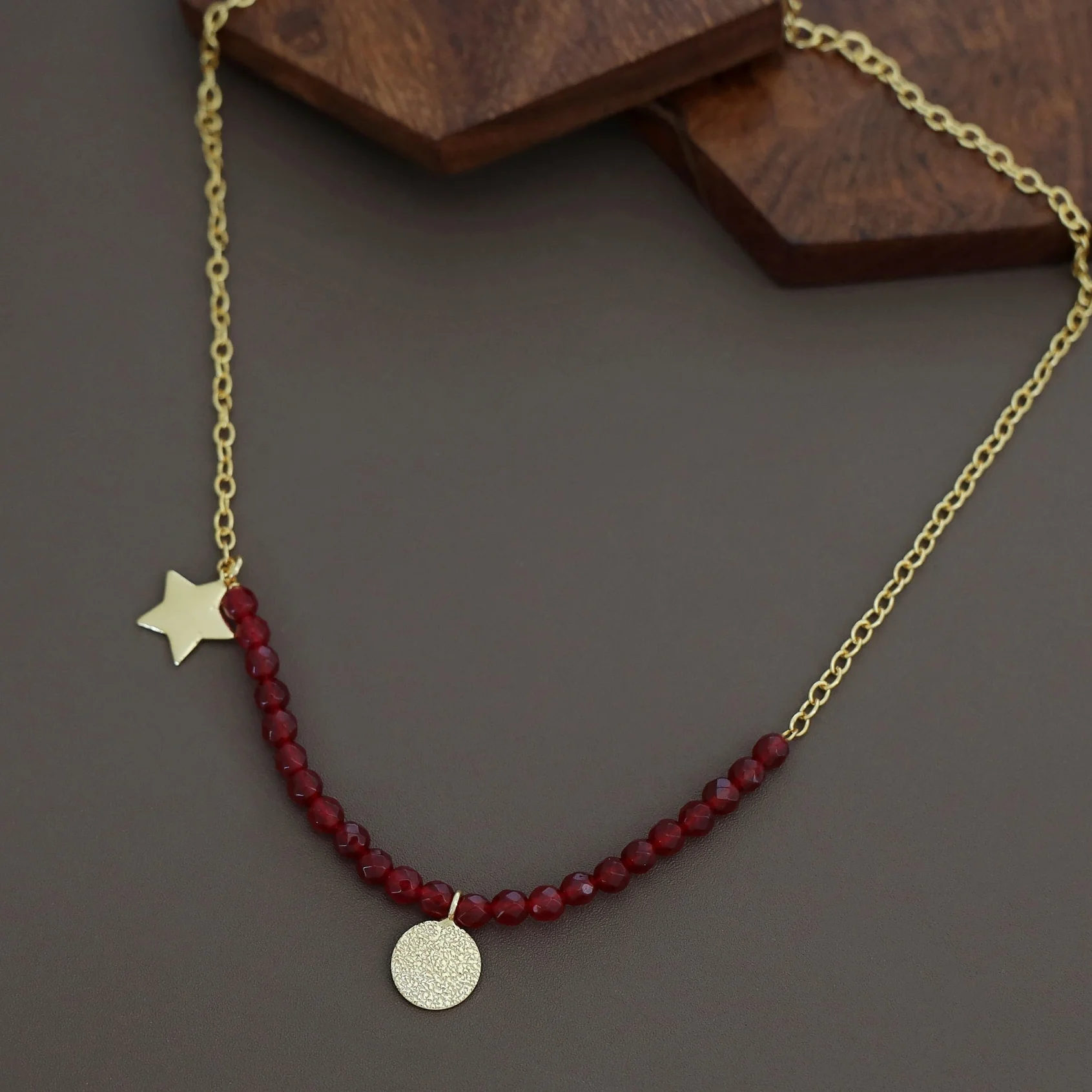 Zahrah Golden Textured Circle Moon And Star Beaded Neckpiece - Image 2