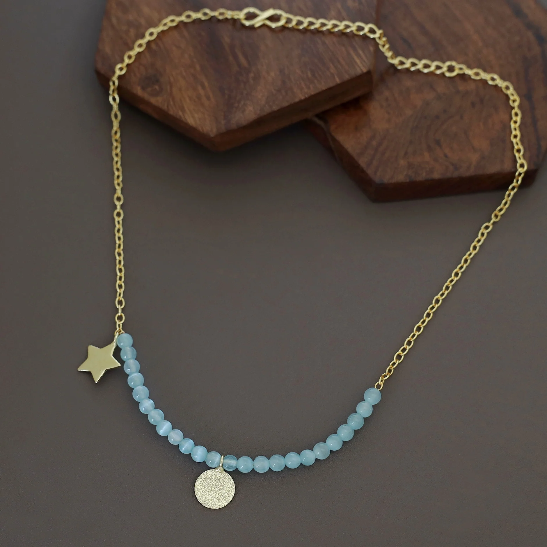 Zahrah Golden Textured Circle Moon And Star Beaded Neckpiece - Image 3