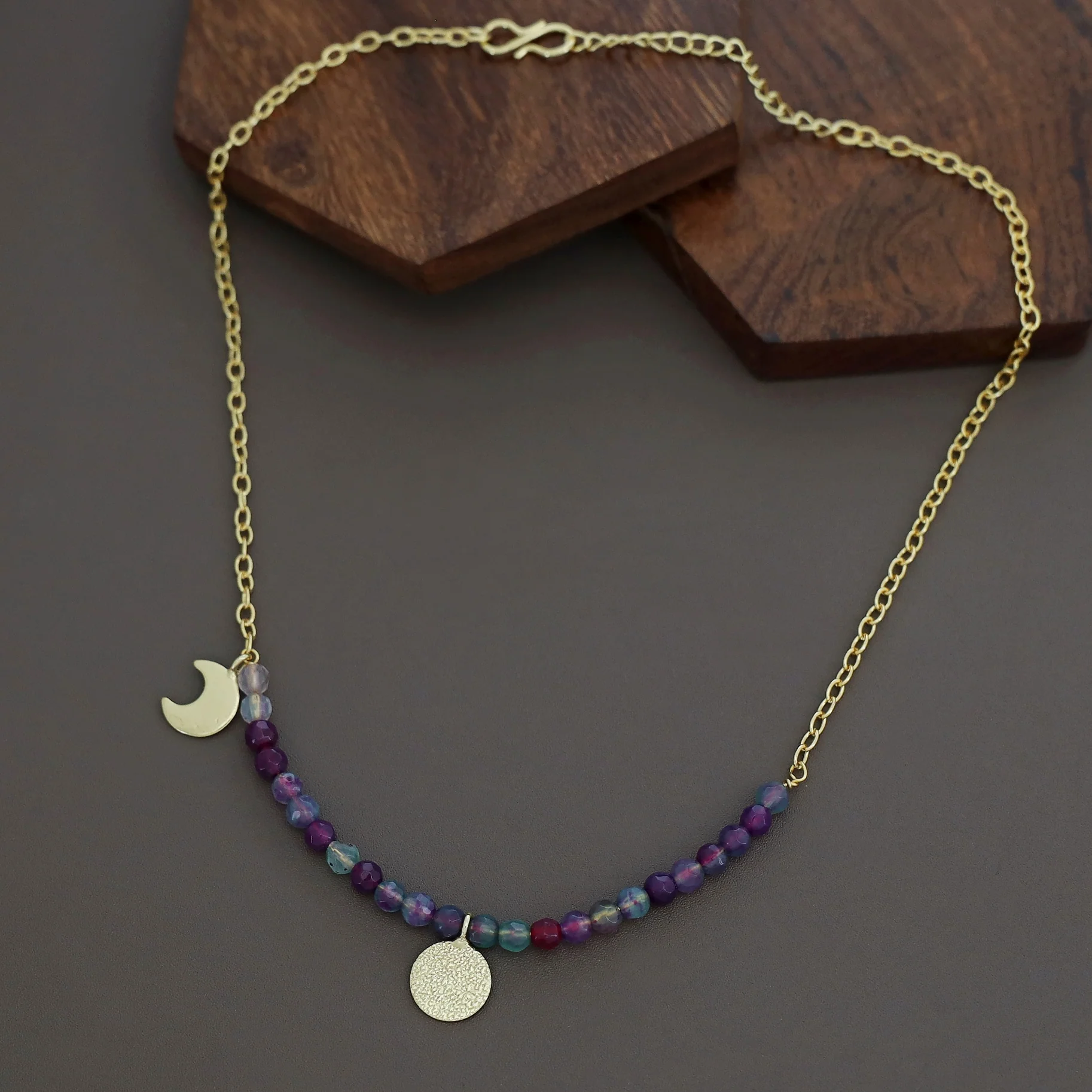 Zahrah Golden Textured Circle Moon And Star Beaded Neckpiece - Image 4