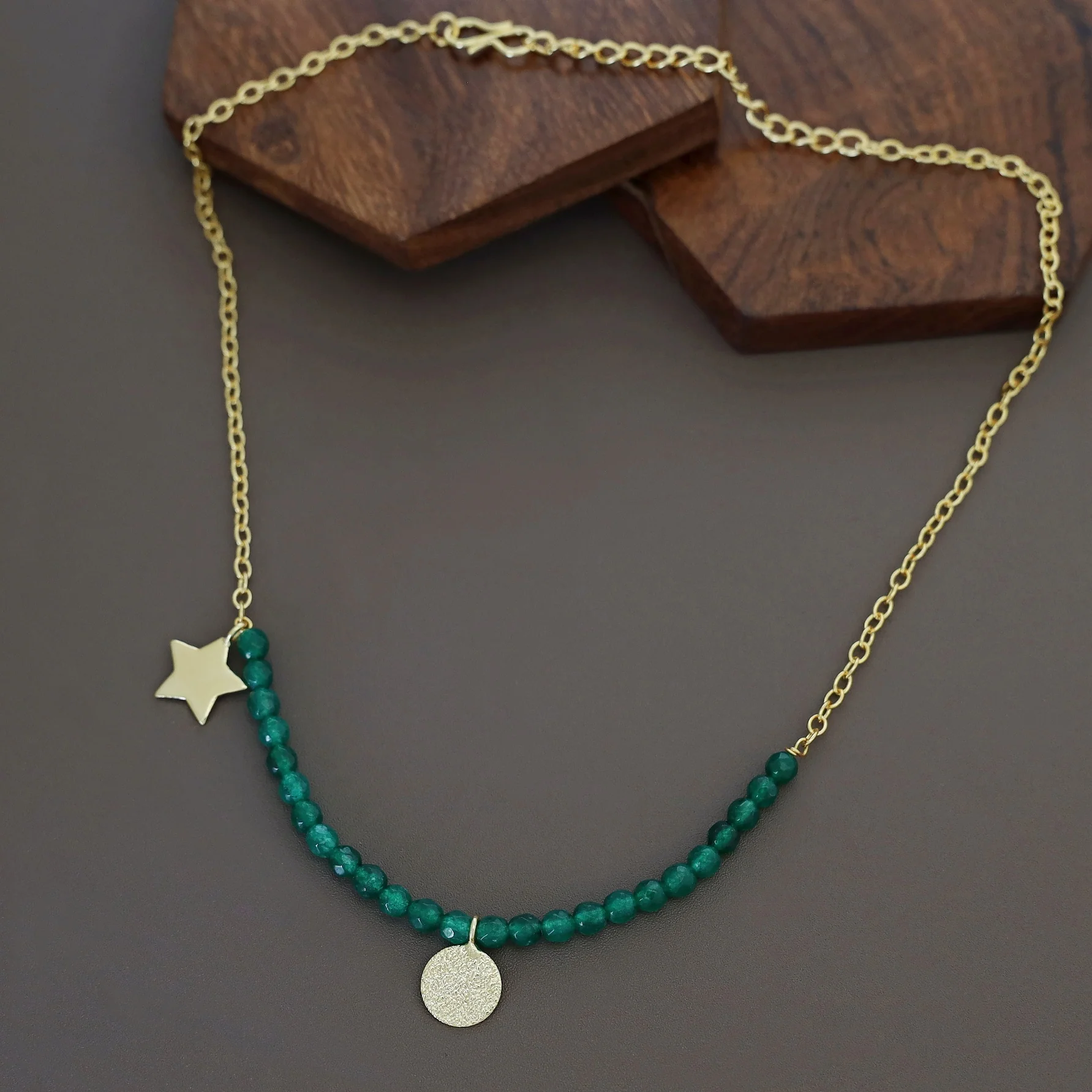 Zahrah Golden Textured Circle Moon And Star Beaded Neckpiece - Image 5