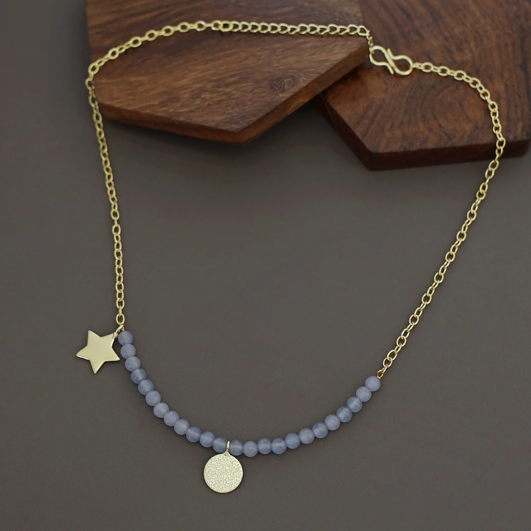 Zahrah Golden Textured Circle Moon And Star Beaded Neckpiece - Image 6