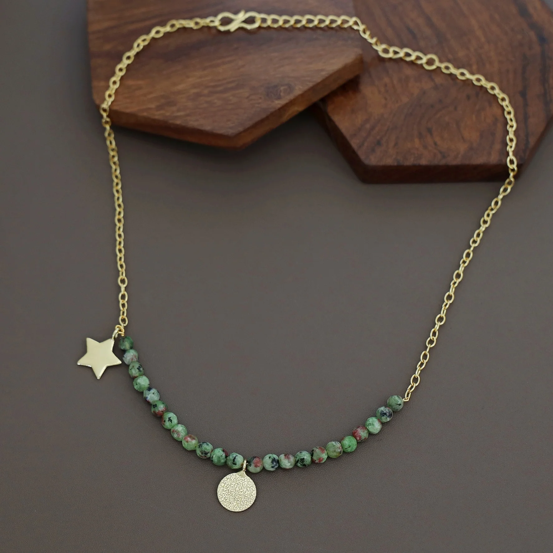 Zahrah Golden Textured Circle Moon And Star Beaded Neckpiece - Image 7