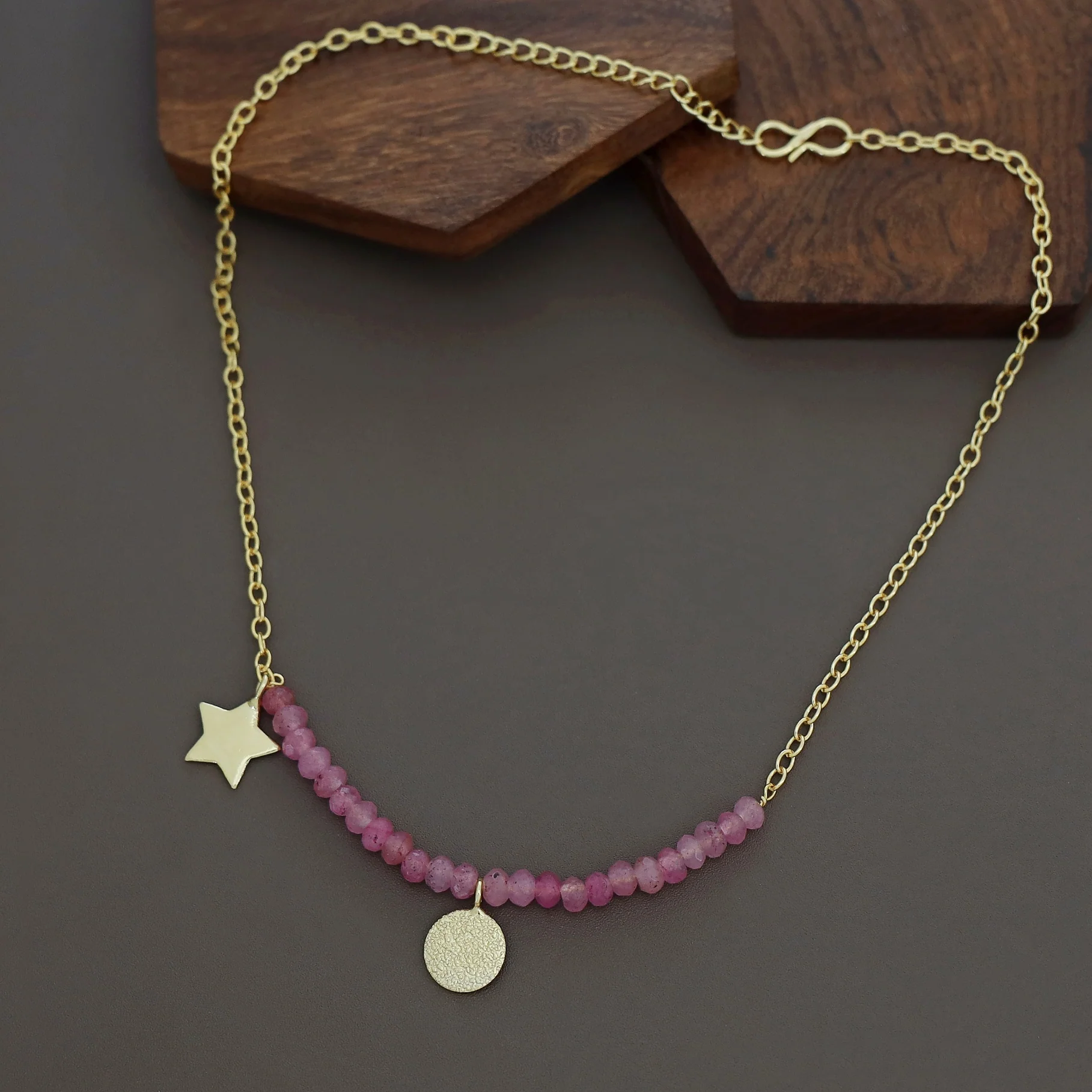 Zahrah Golden Textured Circle Moon And Star Beaded Neckpiece - Image 8
