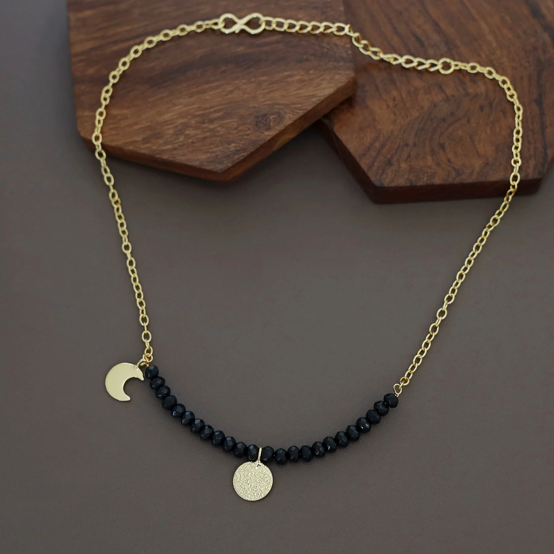 Zahrah Golden Textured Circle Moon And Star Beaded Neckpiece - Image 9