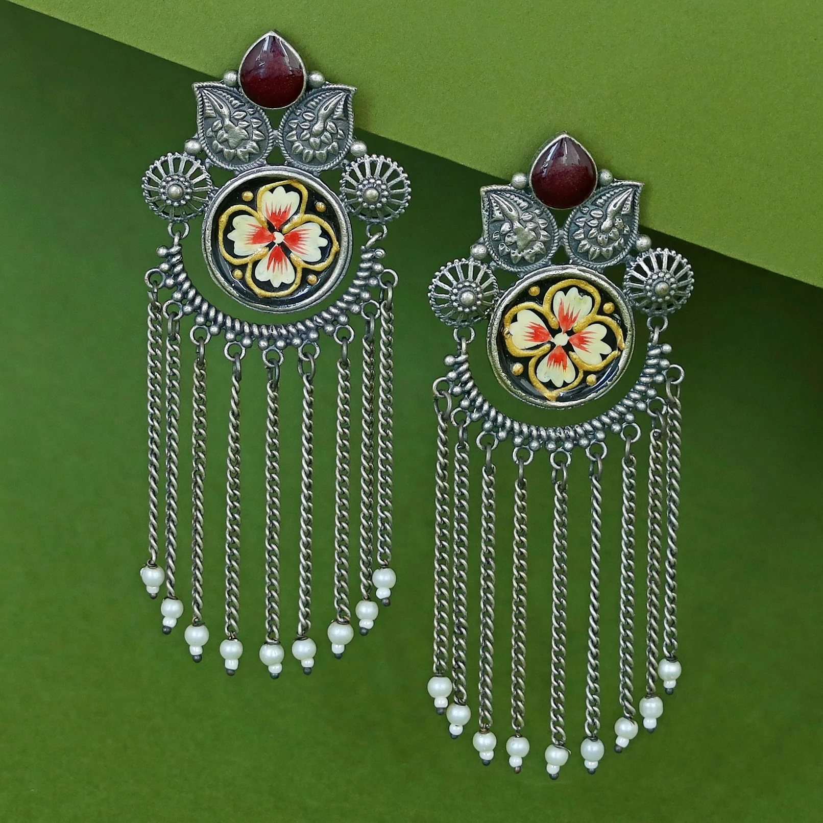 Zarina Hand Painted Hanging Pearl Earring - Image 3