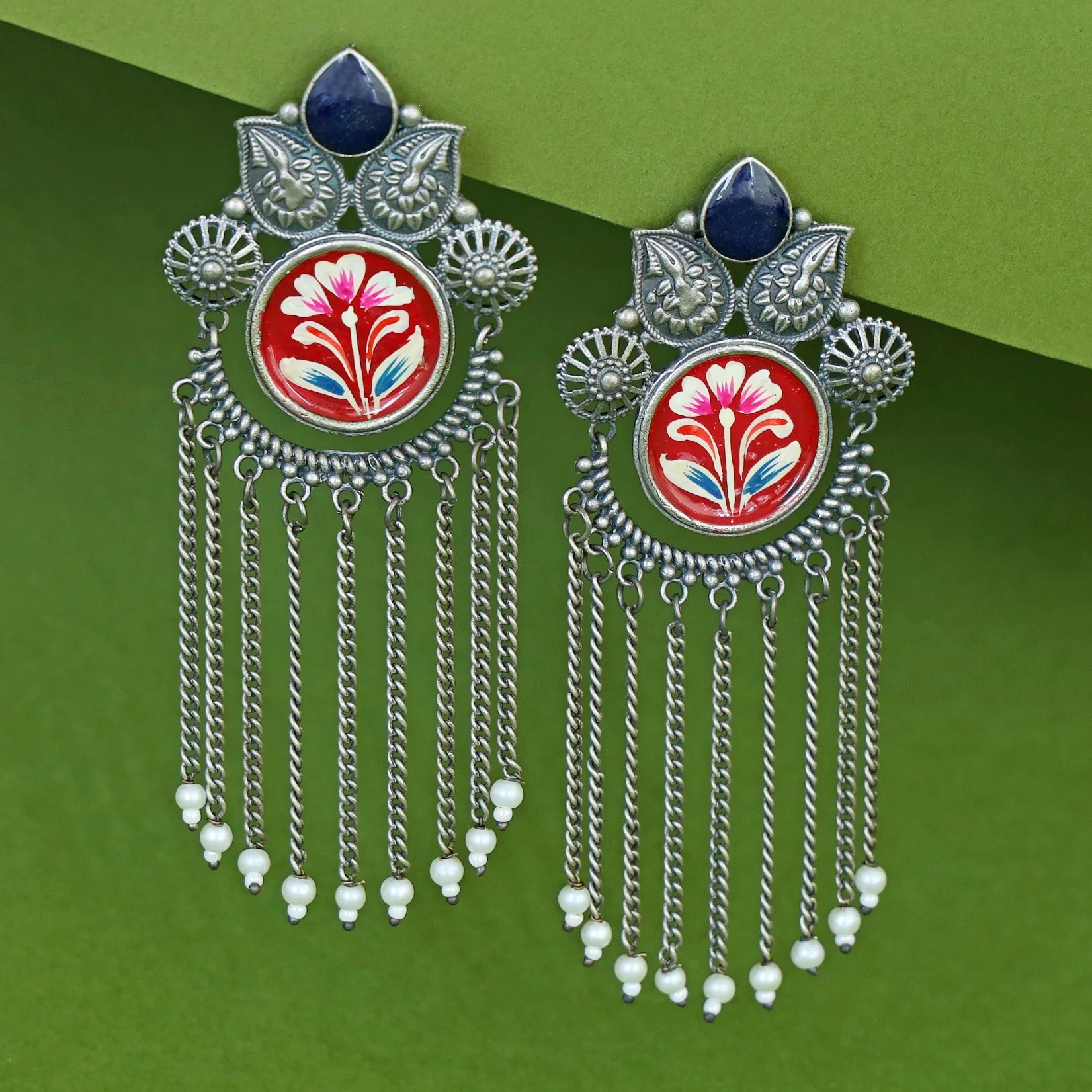 Zarina Hand Painted Hanging Pearl Earring - Image 4