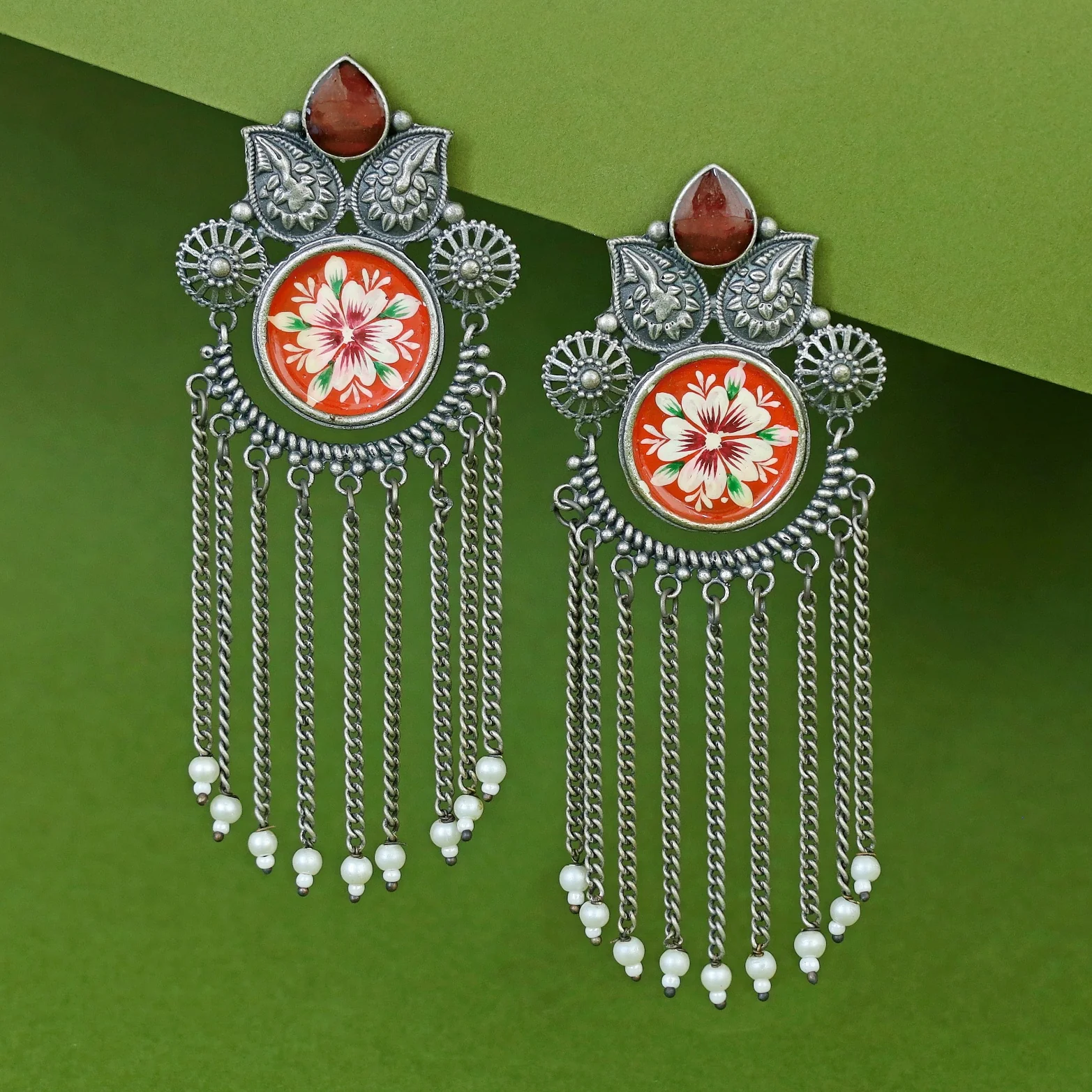 Zarina Hand Painted Hanging Pearl Earring - Image 5