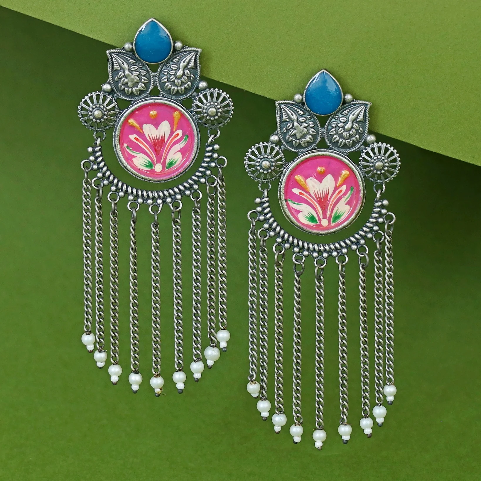 Zarina Hand Painted Hanging Pearl Earring - Image 6