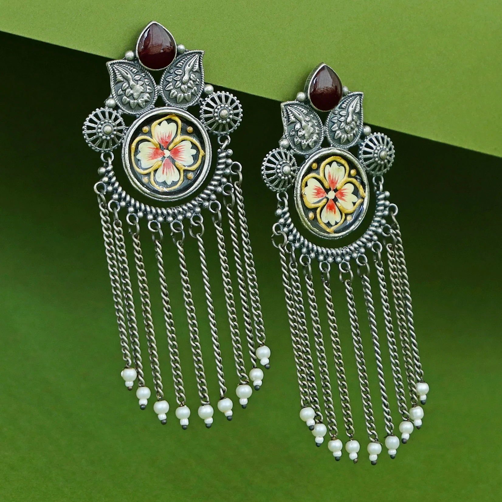 Zarina Hand Painted Hanging Pearl Earring - Image 7
