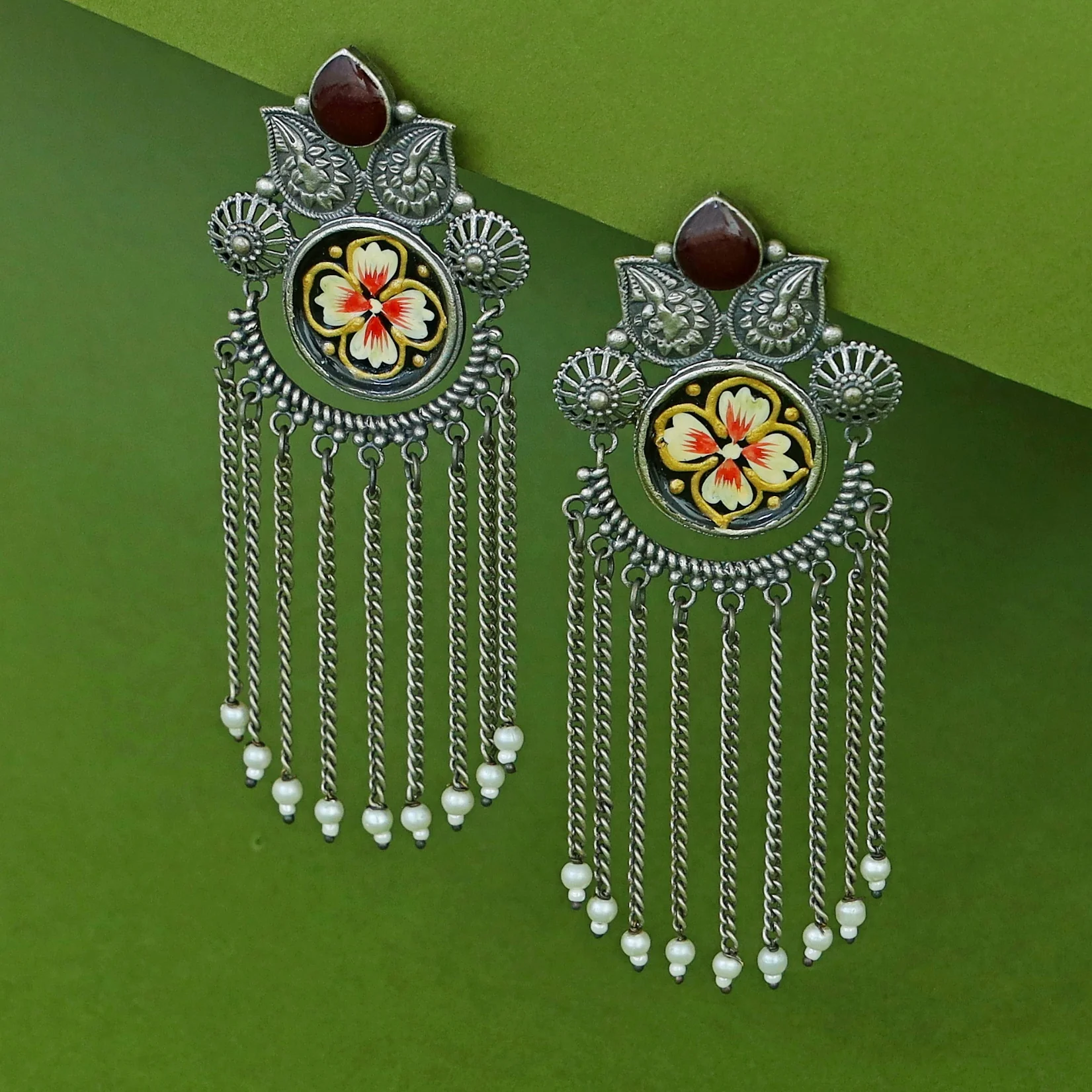 Zarina Hand Painted Hanging Pearl Earring - Image 8