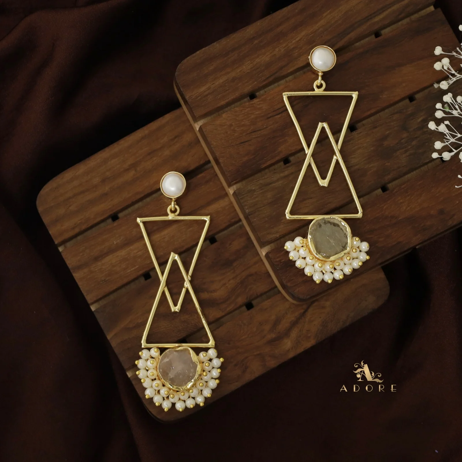 Ziba Baroque +  Raw Stone Dual Triangle Cluster Pearl Earring - Image 12