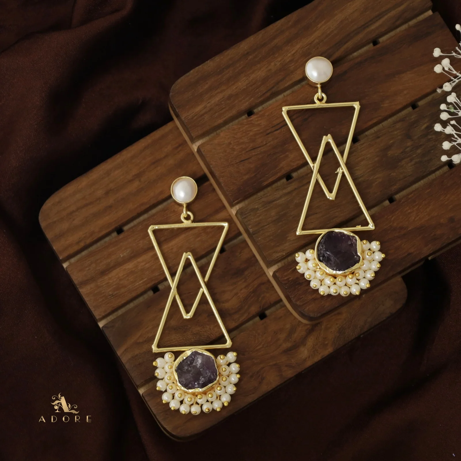 Ziba Baroque +  Raw Stone Dual Triangle Cluster Pearl Earring - Image 3