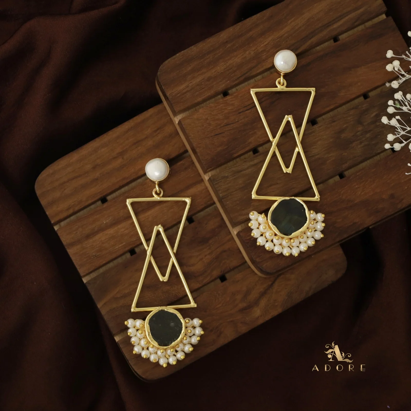 Ziba Baroque +  Raw Stone Dual Triangle Cluster Pearl Earring - Image 4