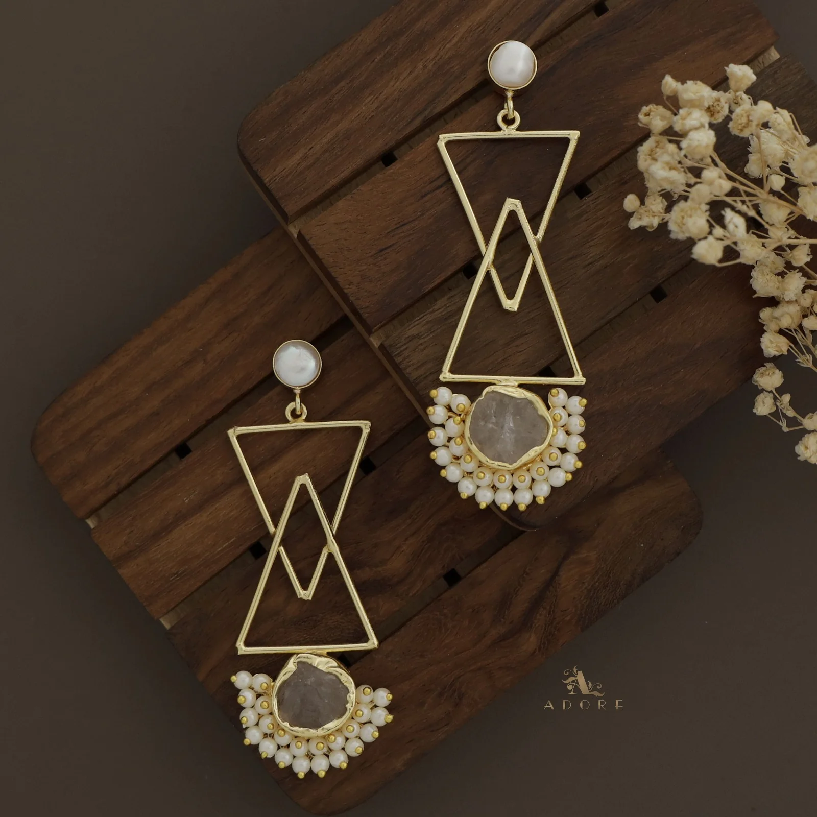 Ziba Baroque +  Raw Stone Dual Triangle Cluster Pearl Earring - Image 6