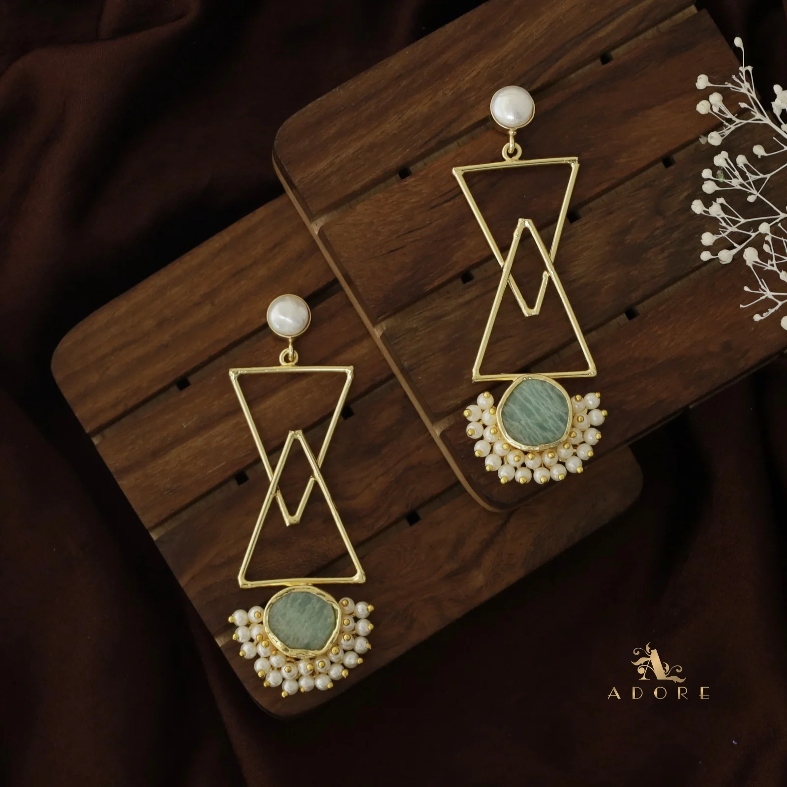 Ziba Baroque +  Raw Stone Dual Triangle Cluster Pearl Earring - Image 7