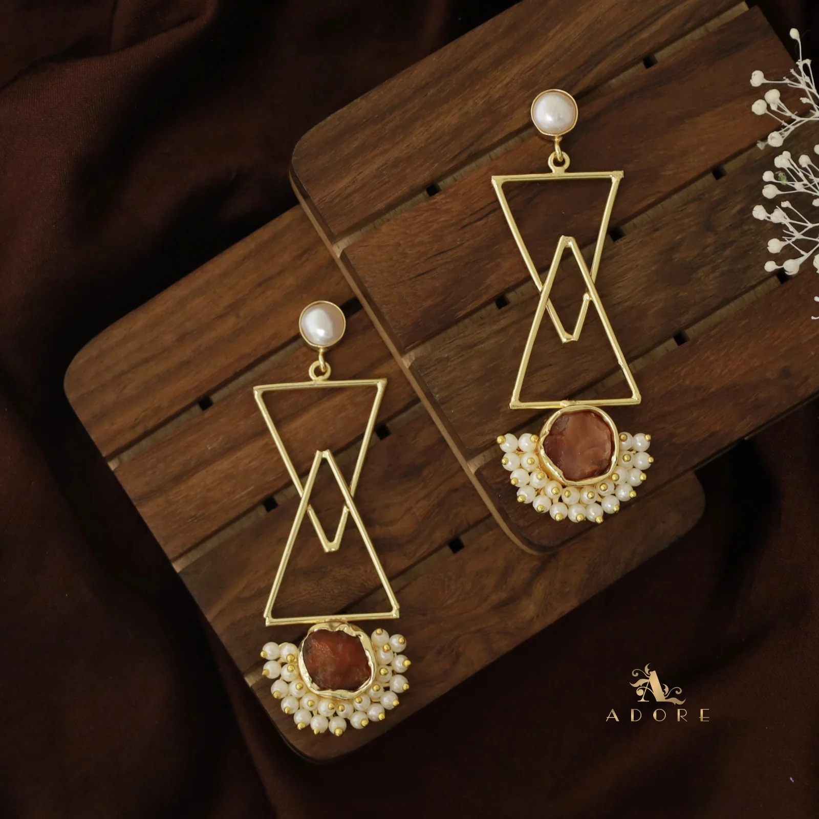 Ziba Baroque +  Raw Stone Dual Triangle Cluster Pearl Earring - Image 8