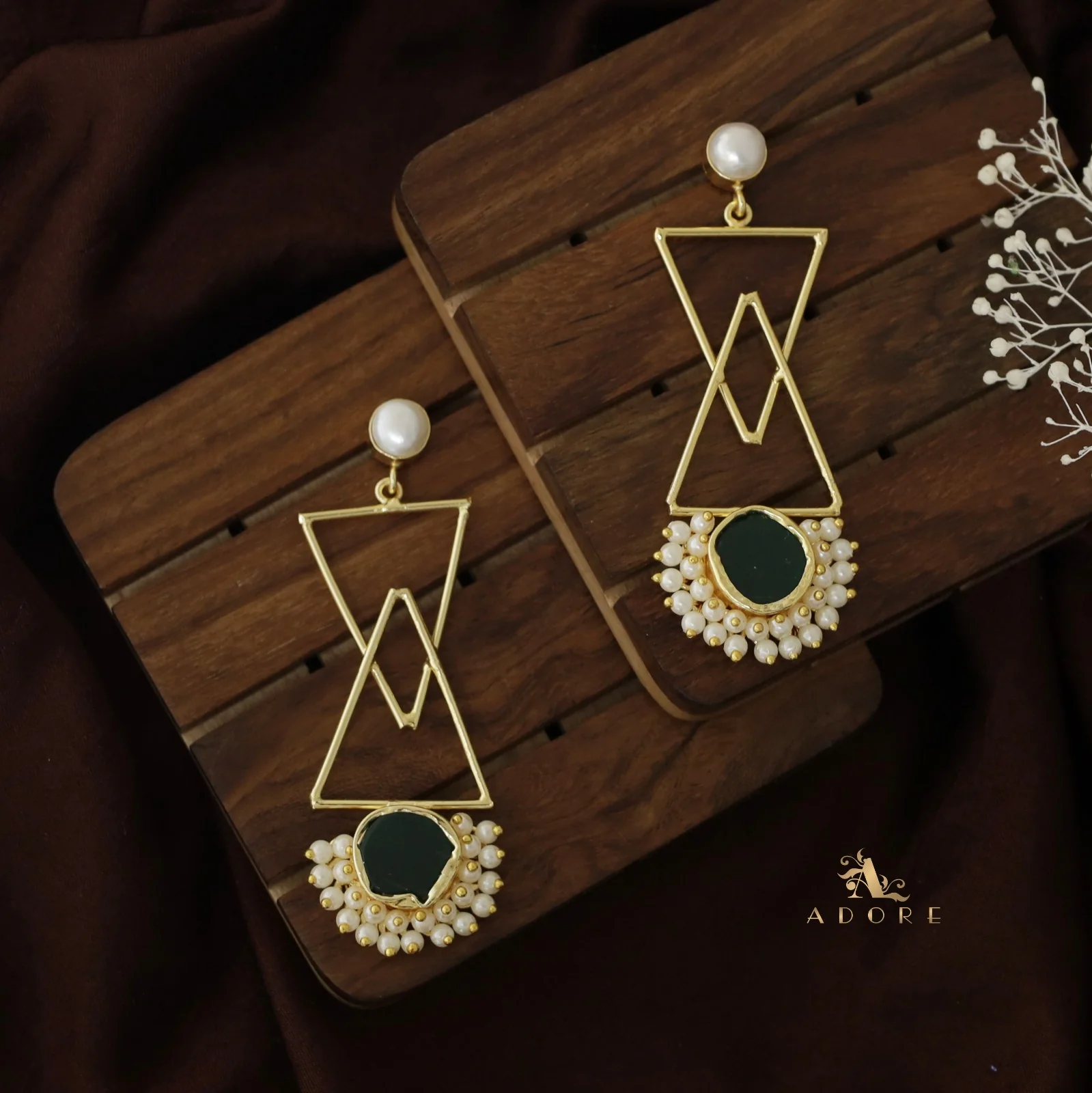 Ziba Baroque +  Raw Stone Dual Triangle Cluster Pearl Earring - Image 9
